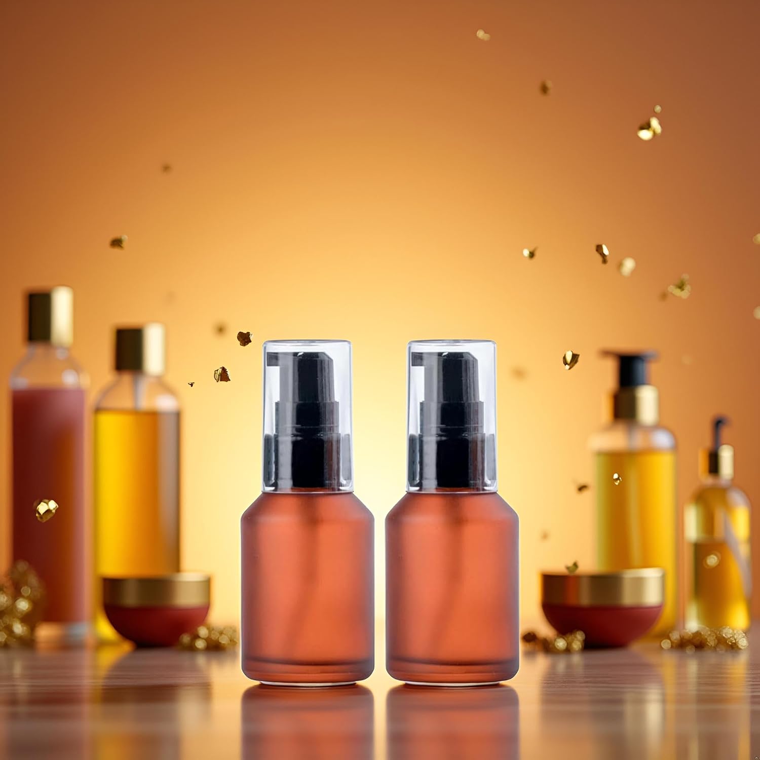 2 Pcs 30ML Brown Refillable Glass Lotion Pump Bottle, Cosmetic Sample Container with Black Plastic Pump Head - Ideal for Creams, Serums, Emulsions, Travel Packing, and Beauty Gels, Pump Dispensers