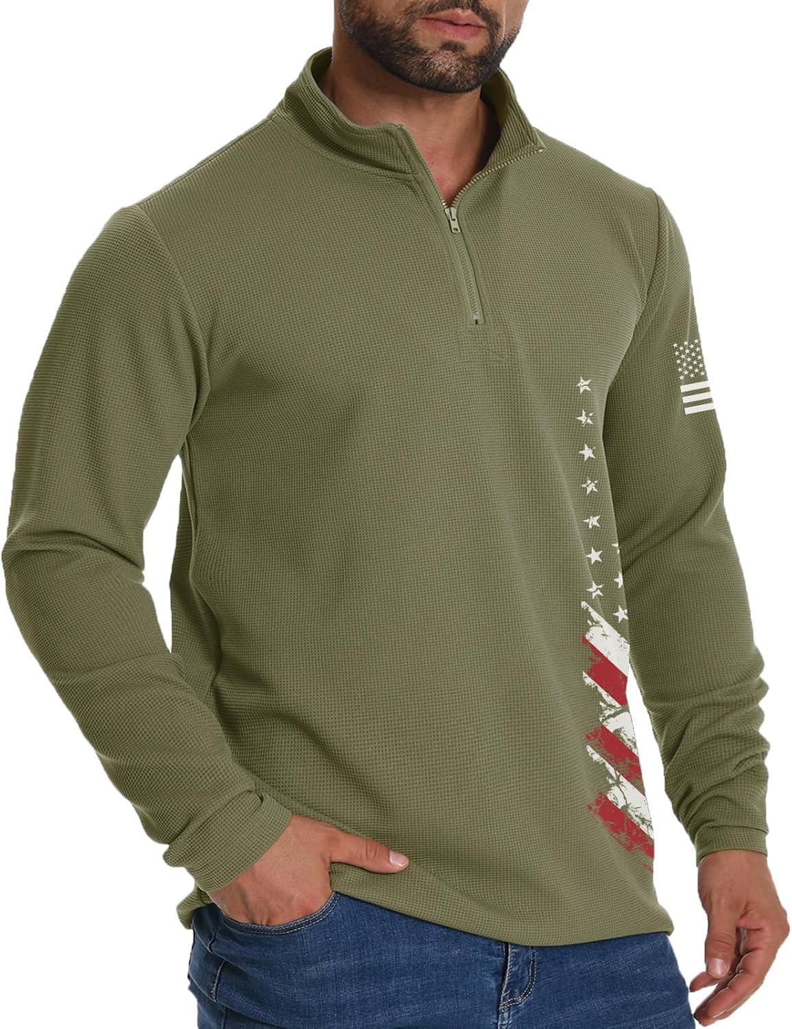 H HYFOL Mens Sweatshirt Waffle American Flag USA Patriotic Graphic Quarter Zip Stand Collar Casual Pullover - Image 3