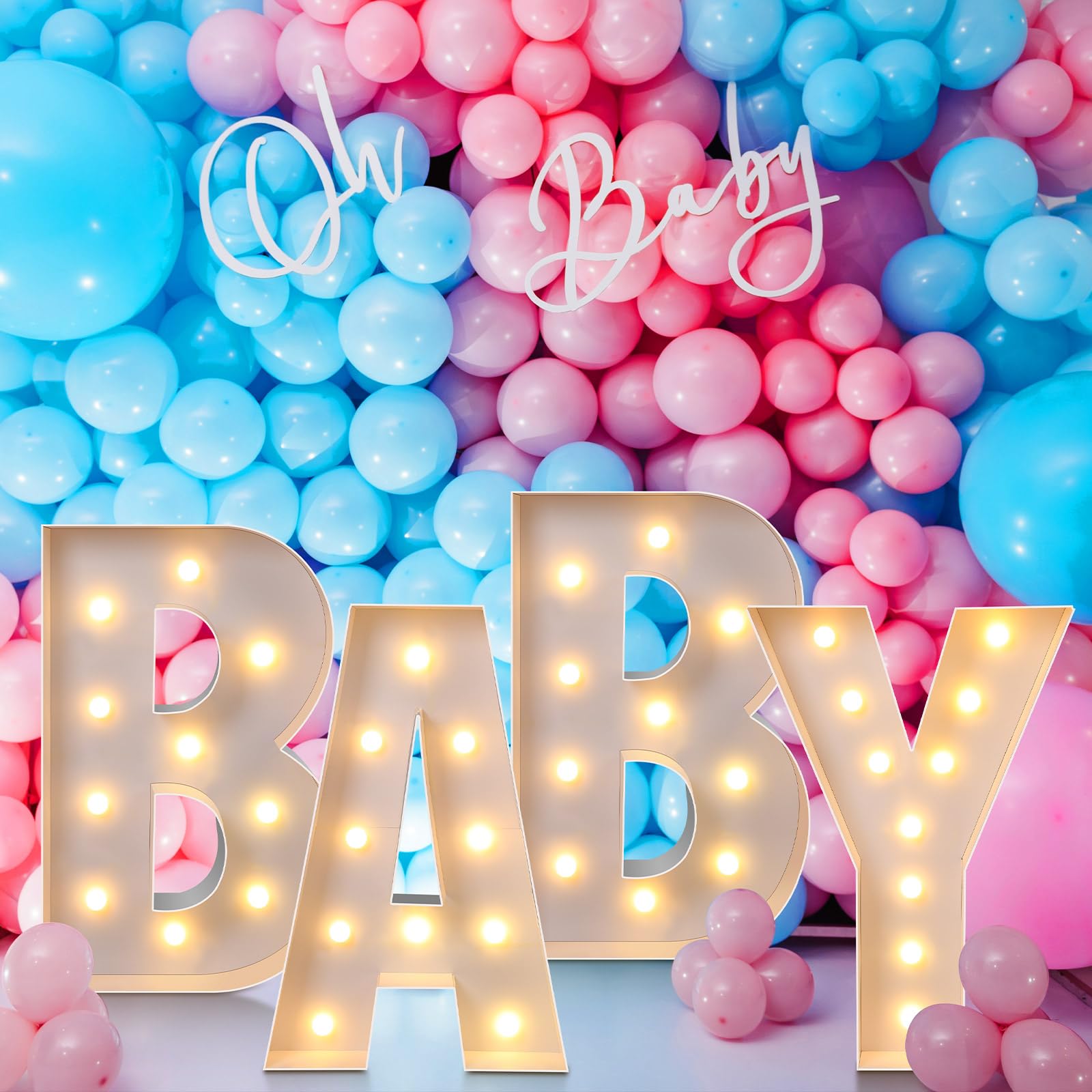 3.3 Feet Marquee Letter Lights Baby Light up Mosaic Baby Sign Letters Decoration Set with Light String Marquee Mosaic Balloons Frame for Baby Shower Birthday Party Supplies