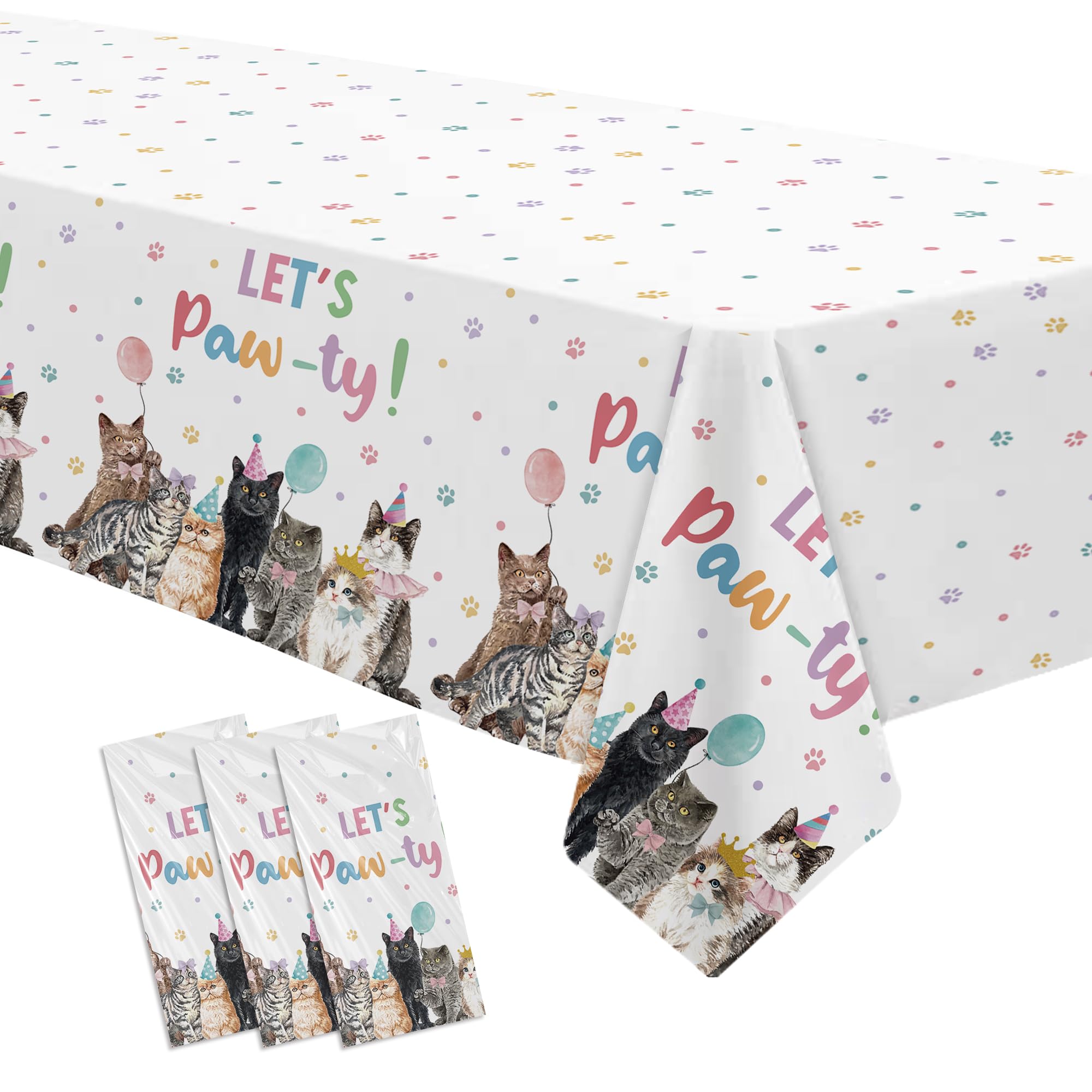 Xenorik Cat Birthday Decorations Tablecloth, Disposable Cat Party Party Supplies Table Cover, Kitten Theme Birthday Table Cloth, 3 Pack, 86in x 55in