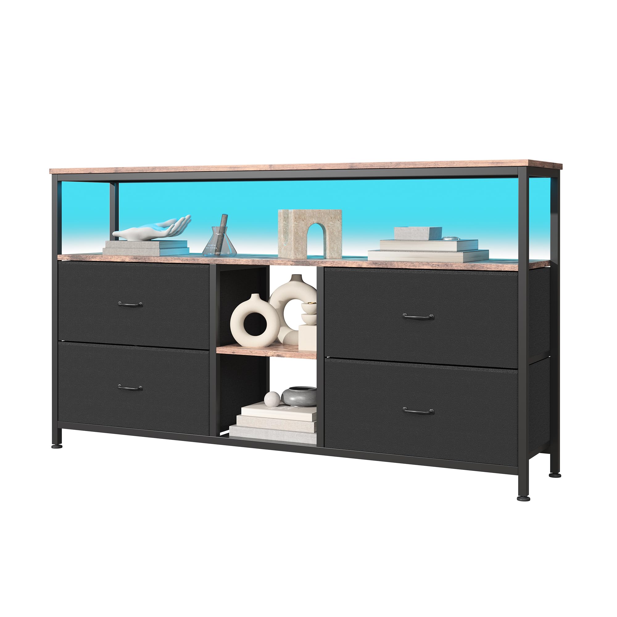 MEXUS Meuble TV, LED Meuble Tele Haut, Meuble TV avec Rangement, Etagères Réglables, 4 tiroirs en Tissu, Intégrez Solutions Rangement Optimisez Visionnage Améliorez L'esthétique (Noir, 137cm)