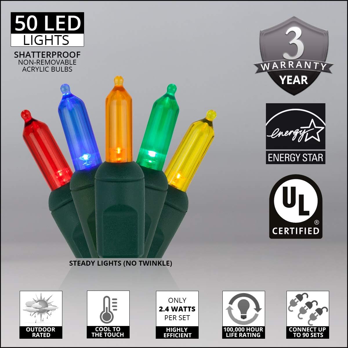 Wintergreen Lighting 50 T5 Christmas Tree Lights Multicolor, 25.5' LED Multicolor Mini Lights Indoor-Outdoor Christmas String Lights Party
