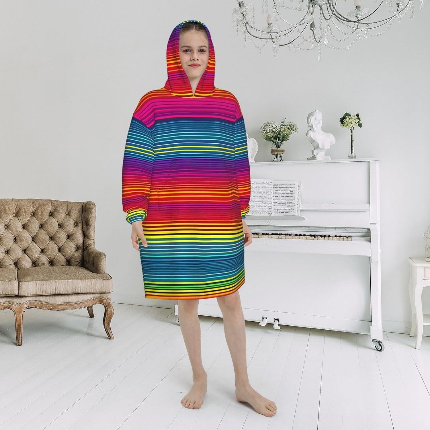Rainbow Pattern Print Oversized Blanket Hoodie, Wearable Blanket Hooded,Hooded Pullover With Pocket
