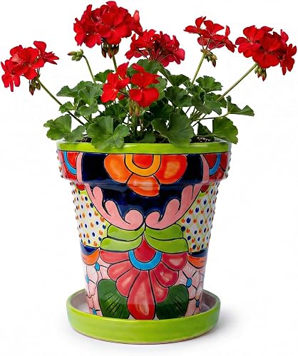 Talavera Planter - Mexican Ceramic Pot with Drainage (Green-Big) | Hand painted by artisans. Glazed finish. Saucer included. Great for plants and herbs.