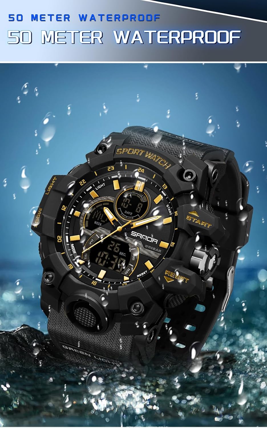 FANMIS Men's Solar Powered Casual Quartz Wrist Watch Analog Digital Multifunctional Black Sports Watch