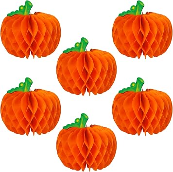 6 Pcs Pumpkin Honeycomb Decorations, Thanksgiving 3D Pumpkin Table Centerpieces, Fall Honeycomb Paper Tissue Balls for Halloween Thanksgiving Party Decor Harvest Festival Supplies