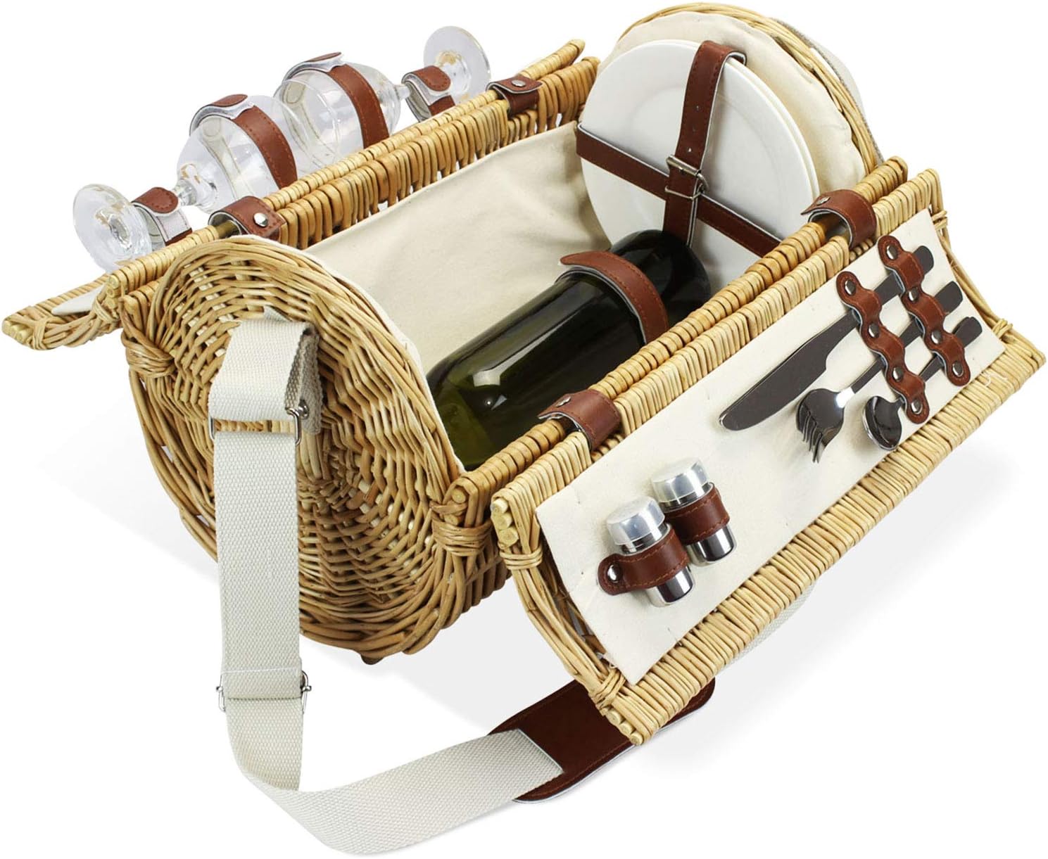 Home Innovation 2 Person Wicker Picnic Basket Set with Straps, Wine Picnic Hamper with Cutlery, Wine Glasses and Plates for Camping,Outdoor,Valentine Day,Chirtmas,Thanks Giving,Birthday