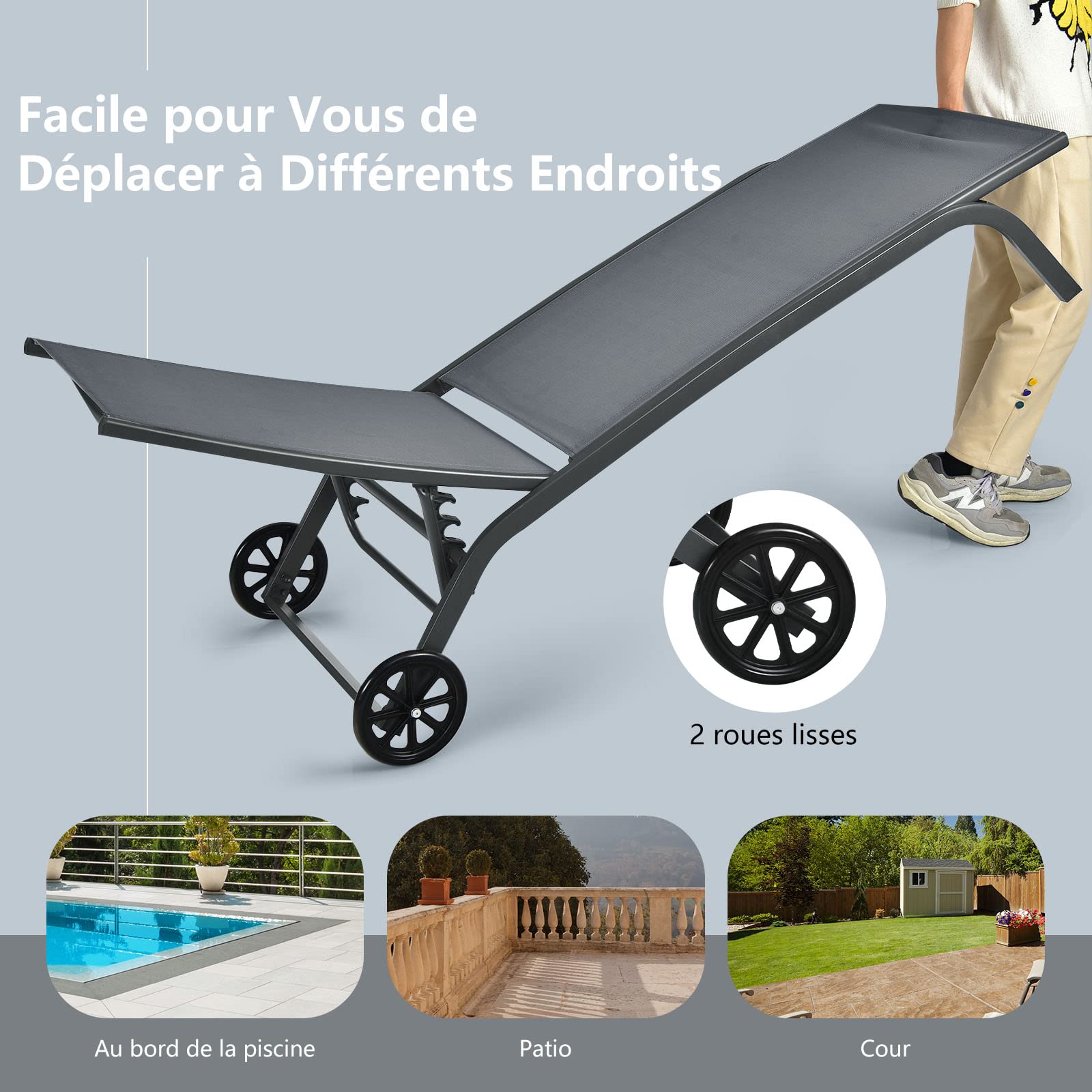 COSTWAY 2PCS Bains de Soleil à Roues, Dossier Inclinable 6 Positions, Gris