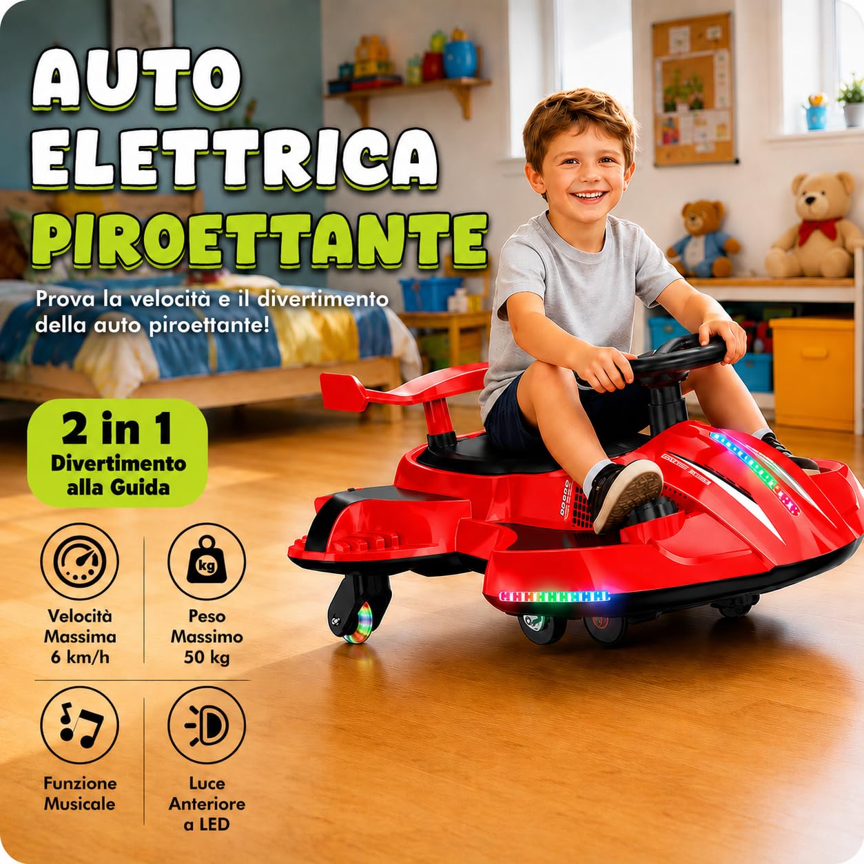 Auto Elettrica Bambini 12V Macchina Vorticar Piroettante 2 in 1 con Sterzo 360° Effetto Fumo Musica Luci LED Pedale Cavalcabile Antiribaltamento per Bambini 3-8 Anni fino a 50 Kg Rosso