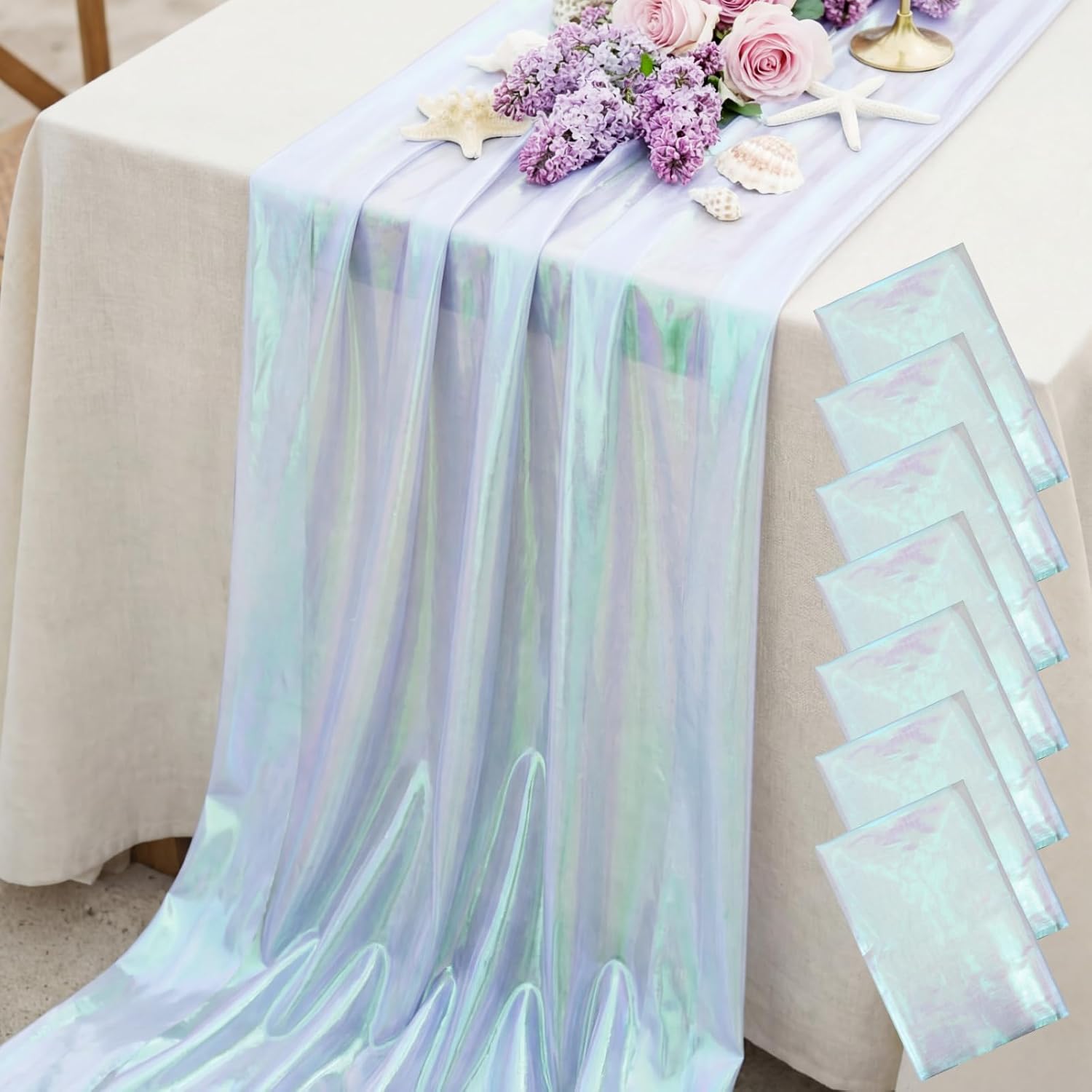 Mindsoft 8 Pcs Iridescent Organza Table Runner Tablecloths 28 x 71 Inch Shiny Gradient Fabric Rainbow Tulle Rectangle Table Cover for Wedding Shower Bridal Ocean Birthday Garden Party Decoration