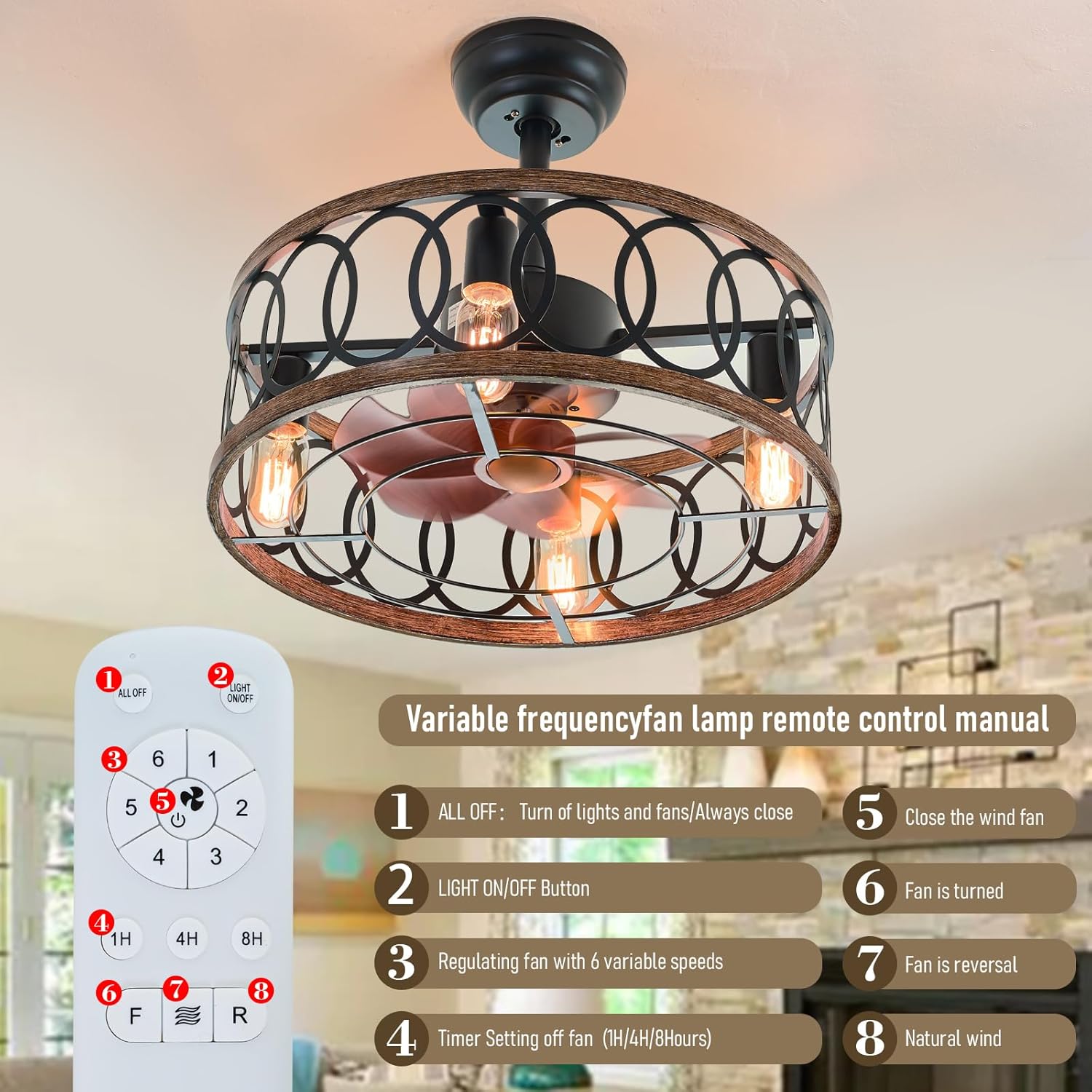 19" Industrial Caged Ceiling Fans with Light 4-Lights Farmhouse Flush Mount Fandelier Walnut Wood Metal Chandelier Fan Remote 6 Wind Speed Reversible for Bedroom Dining/Living Room Kitchen Entry