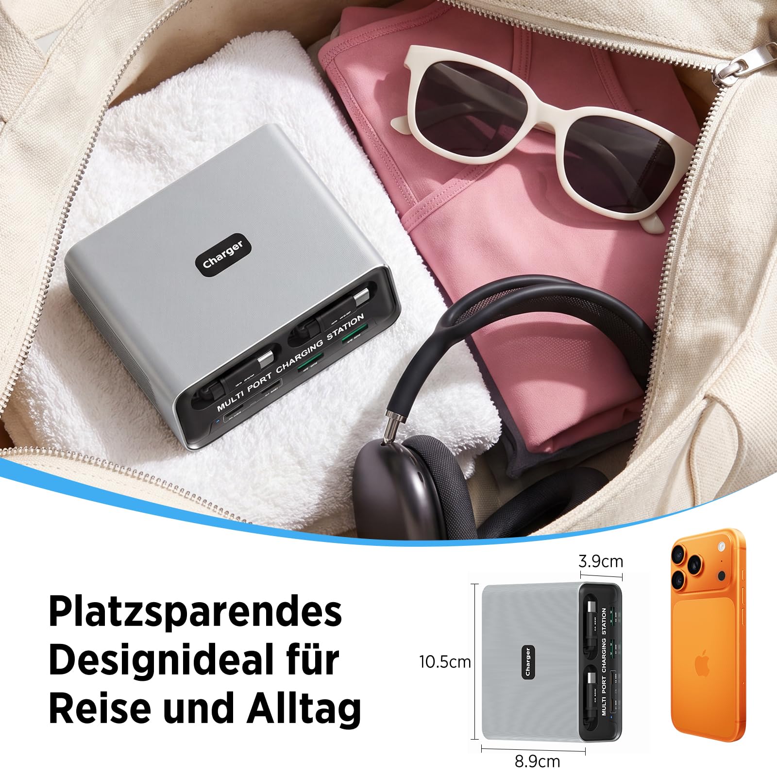 6 in 1 GaN Ladestation Mehrere Geräte, 65W USB C Schnellladegerät mit 2 Einziehbaren Kabeln, Klein Ladestation Kompatibel für MacBook/iPad/Phone 17/16/Samsung/, Silent Design mit rutschfest