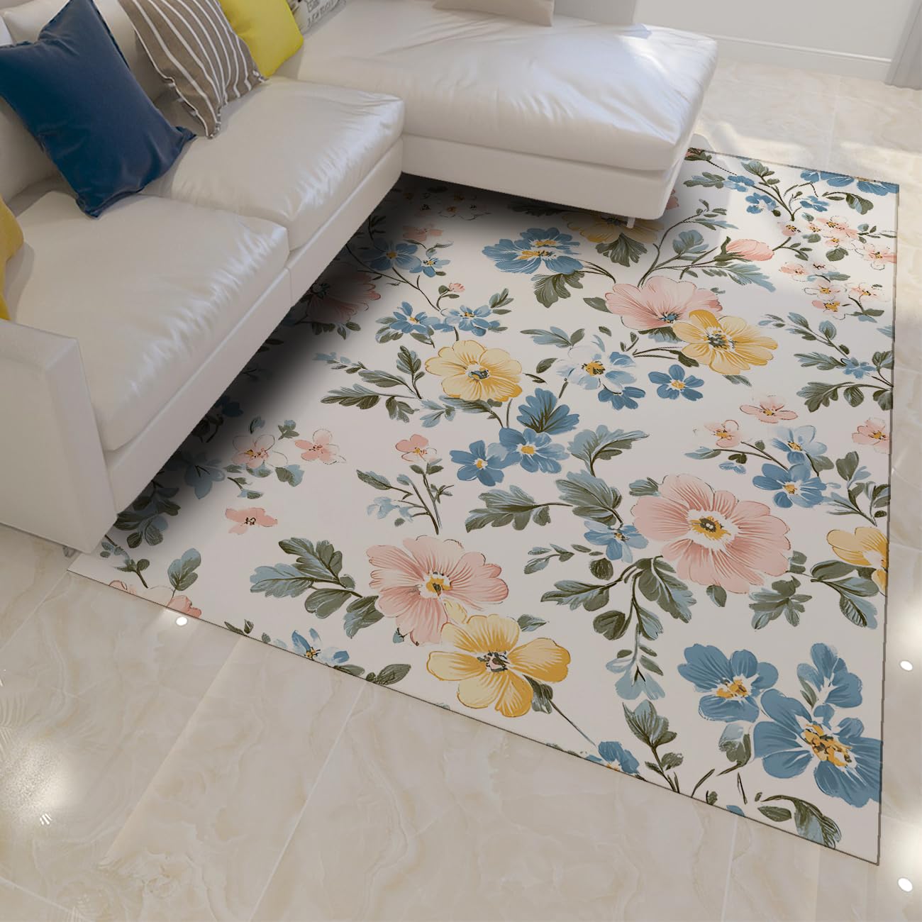 Tapis de salon lavable et antidérapant 60x90 cm au design floral rétro haut de gamme