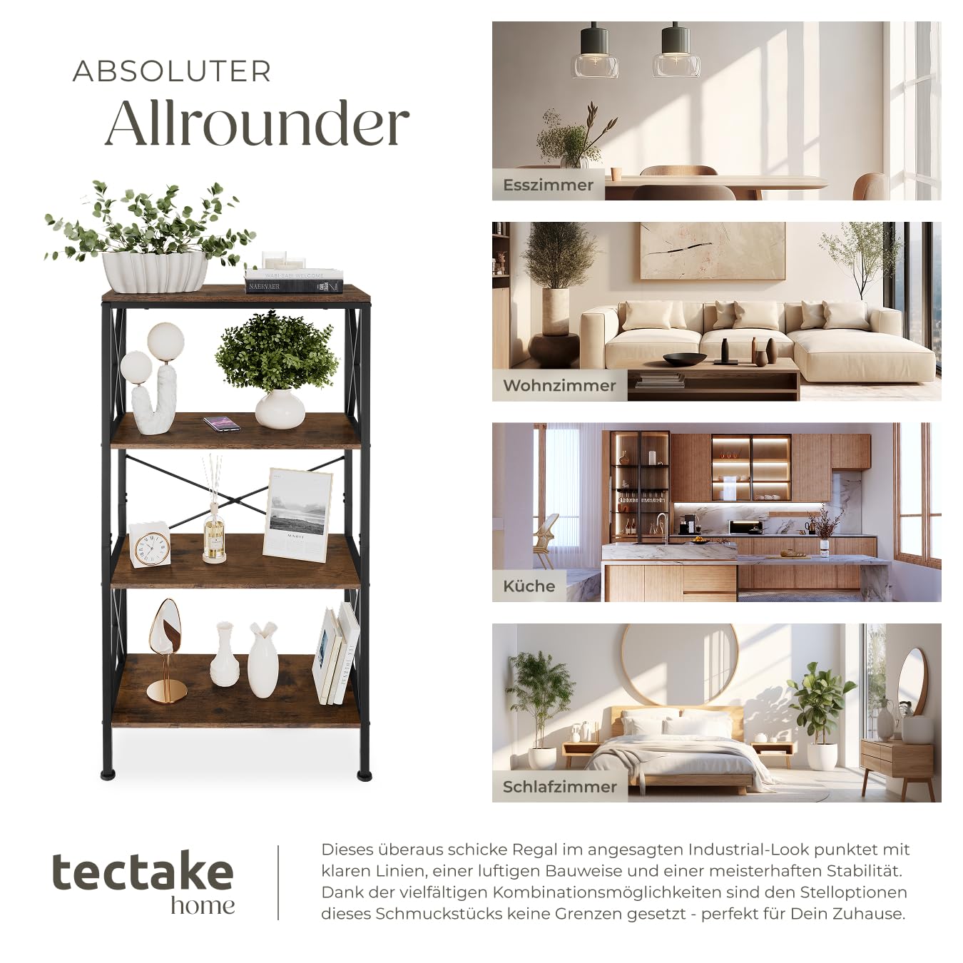 tectake® Industrial Regal mit 4 Ebenen, 61,5 x 31,5 x 133,5 cm, Standregal, Bücherregal, für Deko Wohnzimmer, Möbel für Arbeitszimmer, als Wohnzimmerschrank - Industrial Dunkelbraun