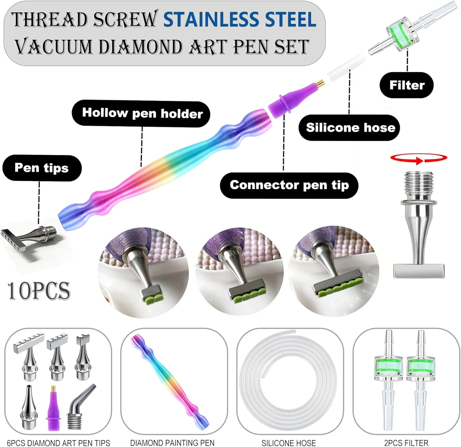 Replacement Kit for Vacuum Diamond Painting Pens, E-Painter Replacement Pen + 2 Filters + Steel Screw 1/2/4/6/Elbow Multiplacers + 1m Silicone Tube fits Most Electric Diamond Art Pen (Colorful-4/6)