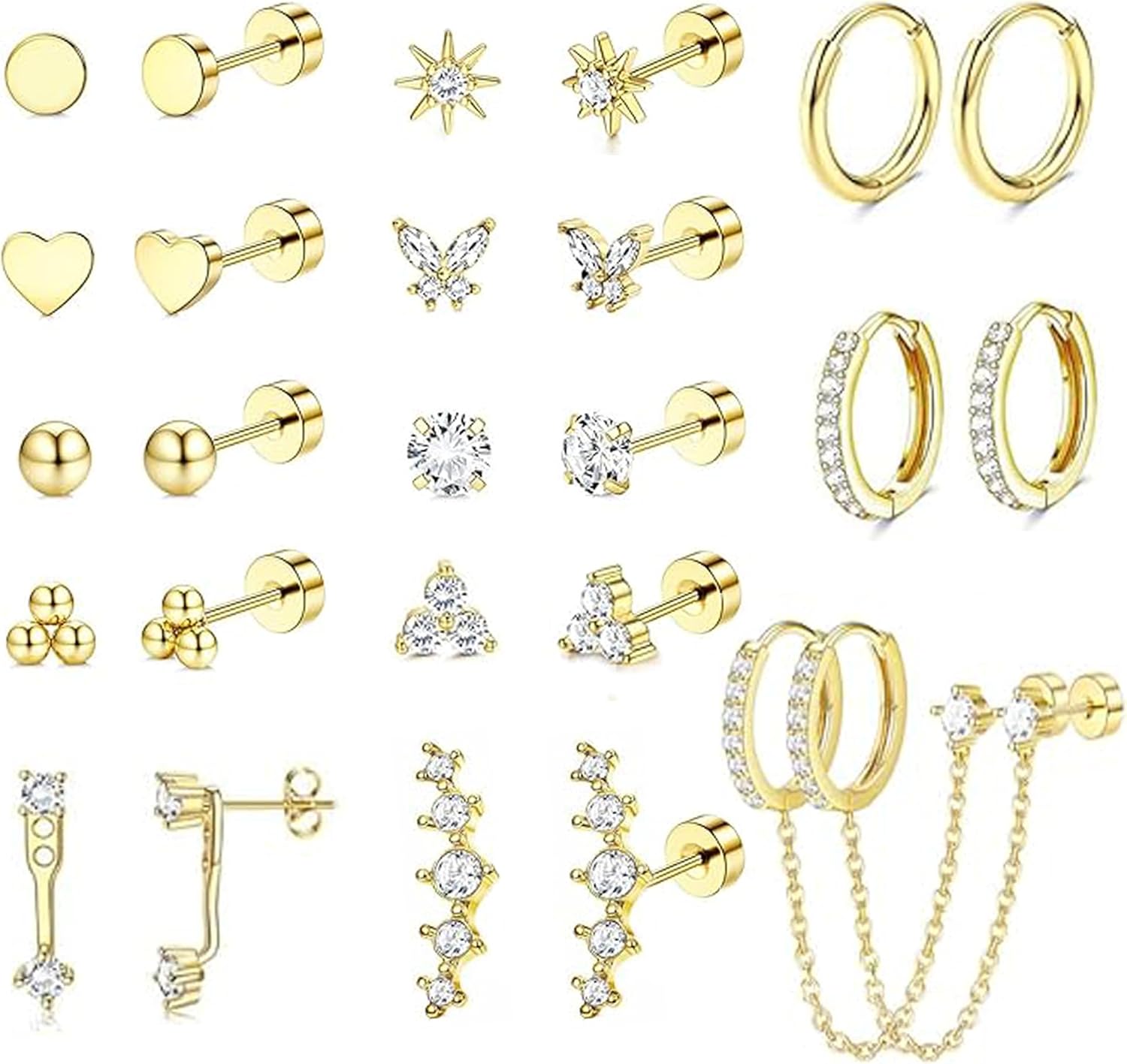 Gold Earrings for Women Hypoallergenic 20G Surgical Stainless Steel Flat Back Stud Earrings Dainty Stackable Earring Stacks Hoop Cartilage Earring Sets for Multiple Piercing