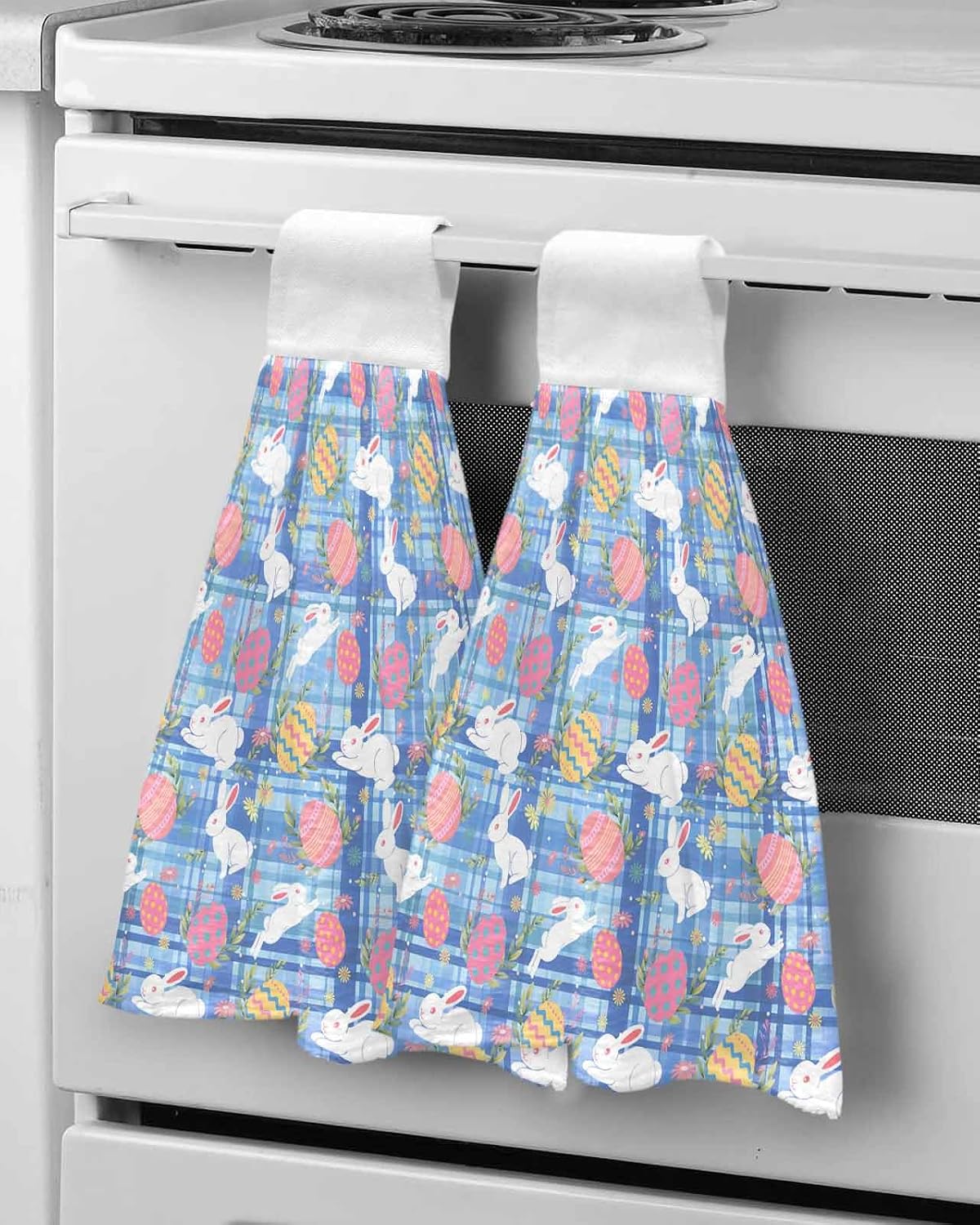 Easter Bunny Eggs Kitchen Hand Towels with Hanging Loops Set of 2 Spring Leaves Daisy Flowers Blue Plaid Soft Thick Oven Fingertip Dry Microfiber Tie Dish Towel Absorbent Cleaning Washcloth