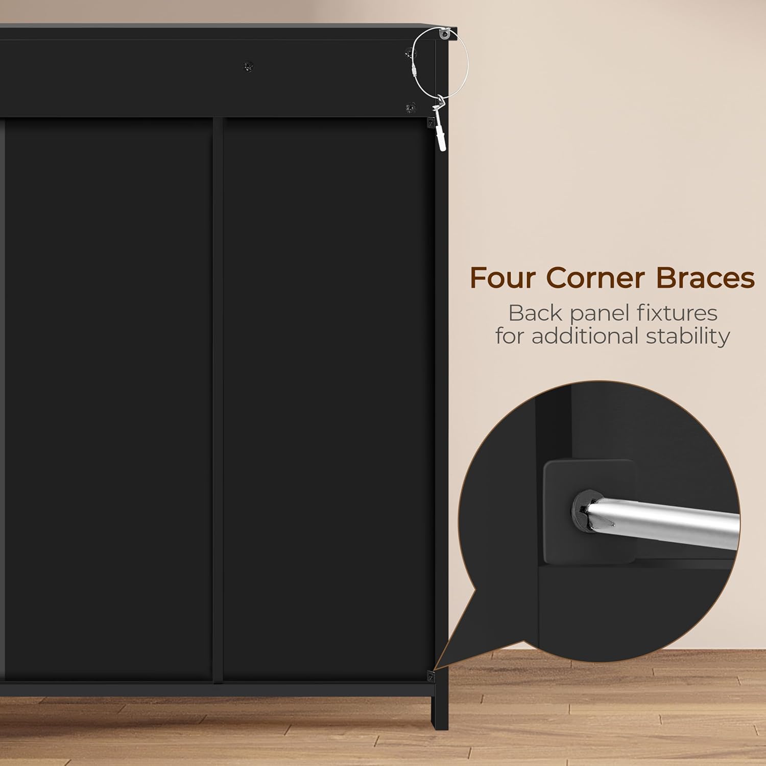 Close-up of the four corner braces for cabinet stability