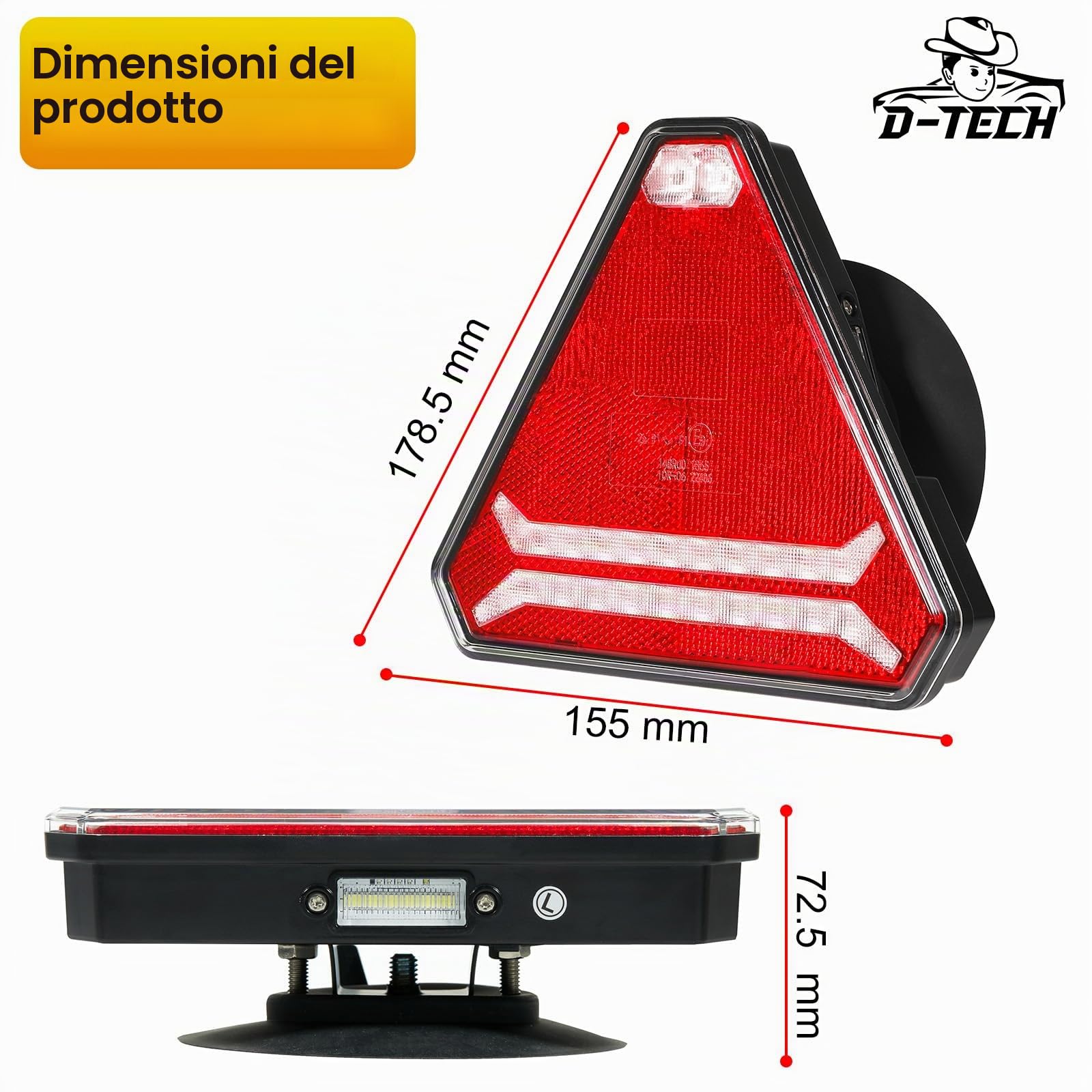 D-TECH Luci posteriori triangolari per rimorchio LED, magnetiche, ricaricabili con indicatore ECE R10 EMC