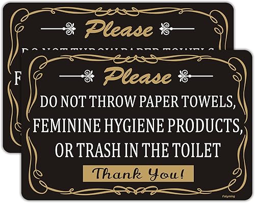 Paquete de 2 toallas de papel, productos de higiene femenina o basura en el inodoro, 10 x 7 pulgadas, adhesivo autoadhesivo fuerte, letrero de