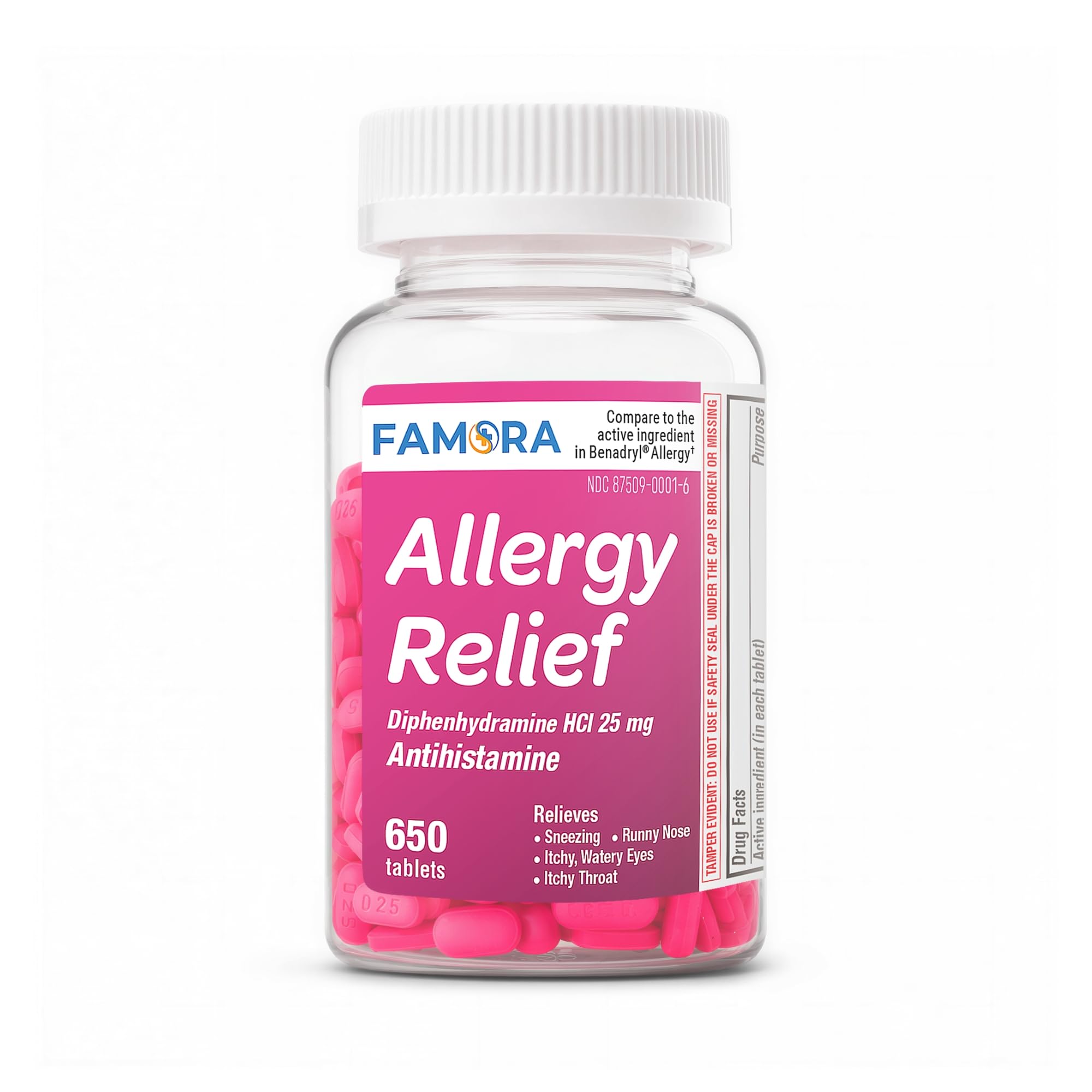 FAMORA Diphenhydramine HCl 25mg Antihistamine 650 Caplets for Adults & Kids