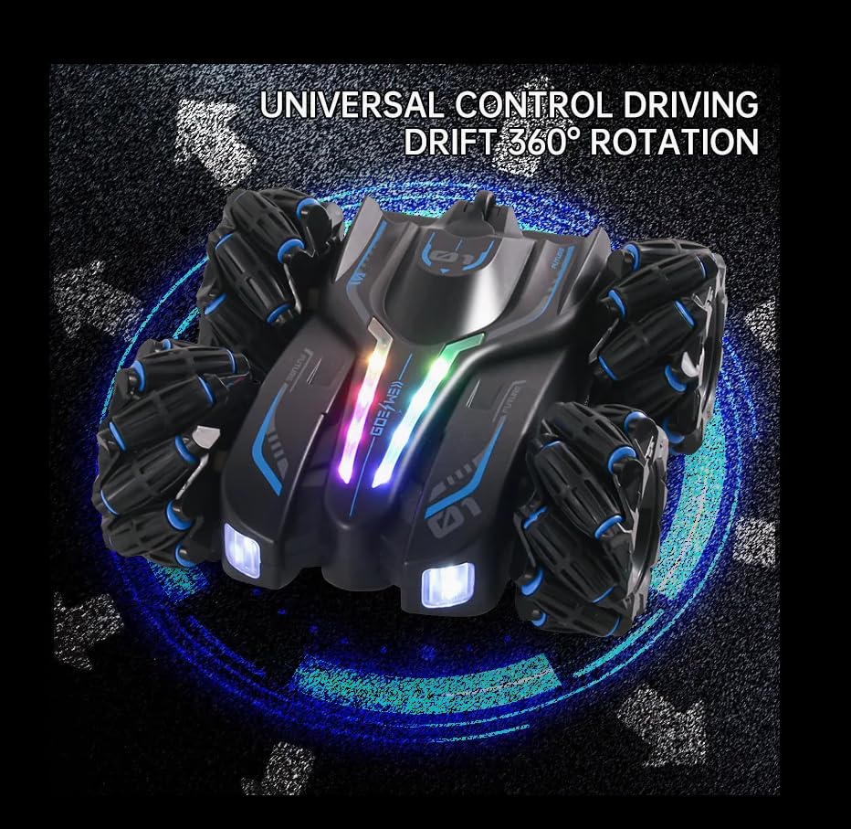 Image of Eli & Chi 4X4 Wheel Drive Double Sided RC Stunt Toy Car: Drift Toy for Kids & Adult Remote Control Racing 360 RGB Lights Off Road 2 Rechargeable Batteries High Speed Spray Gesture Watch,Black