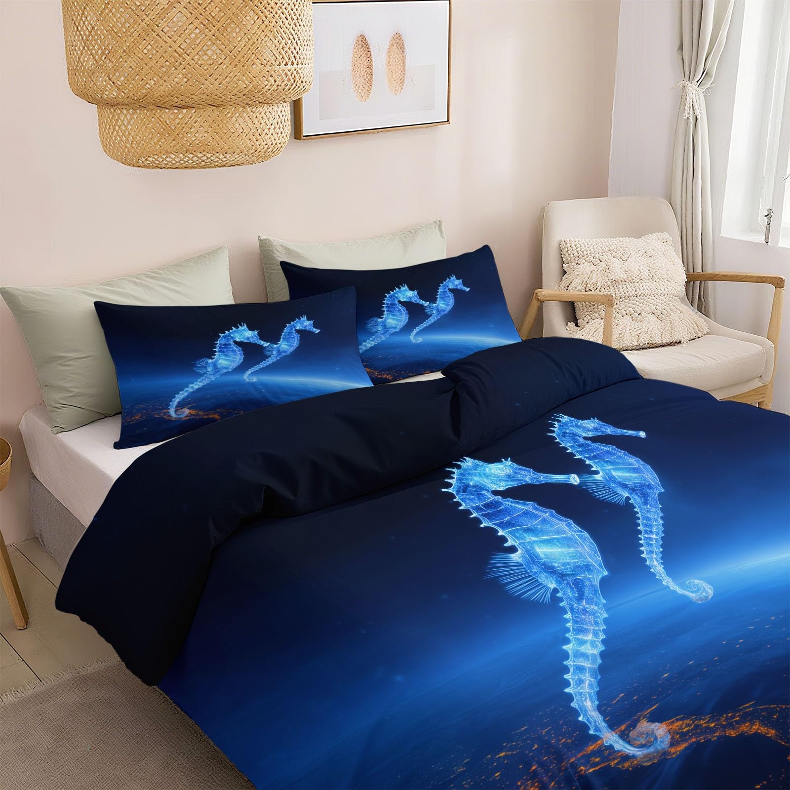 Poszwa na kołdrę z nadrukiem zwierzęta konik morski przestrzeń 200 x 200 cm, fantazyjny styl dwustronny zestaw pościeli dla dzieci chłopców dziewcząt nastolatek - komplet pościeli z zamkiem