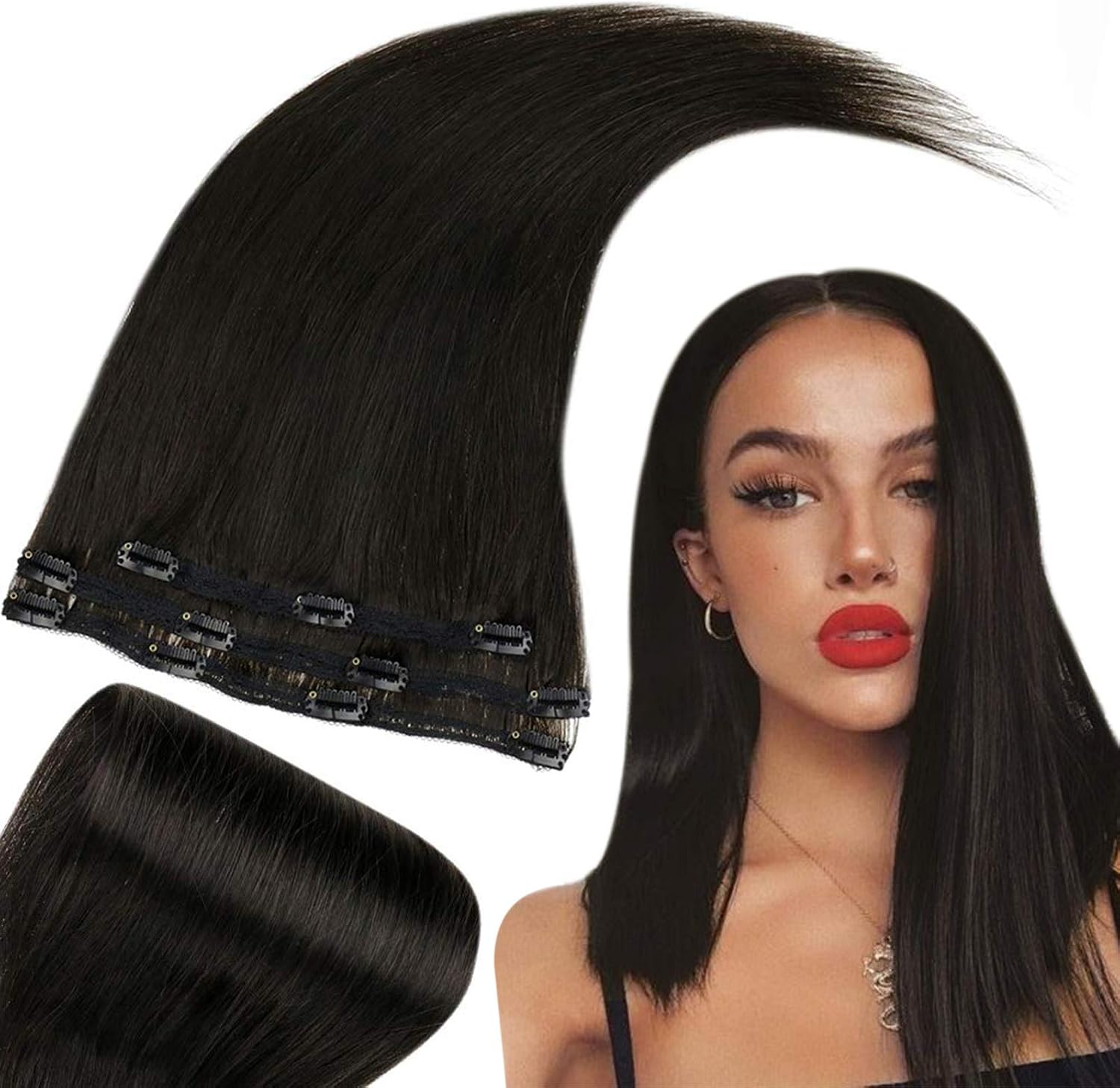 RUNATURE Clip in Hair Extensions Human Hair Black Clip in Human Hair Extensions Black Human Clip in Hair Extensions Real Human Hair Black Straight 18 Inch 50g 3 Pieces