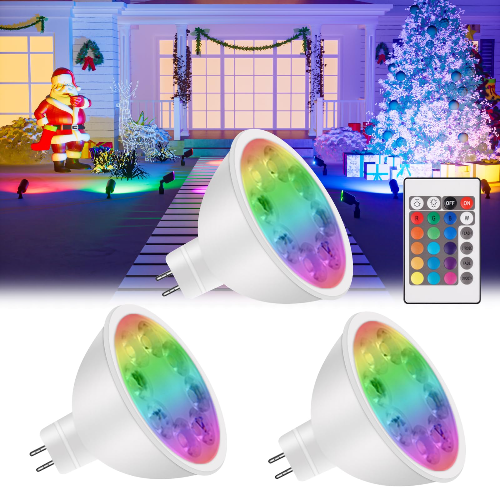 MR16 Color Changing LED Bulbs, MR16 LED Bulbs 4W 12V GU5.3 Bi-Pin Base, RGB MR16 Color Changing Spotlight, CW White+15 Multicolor for Landscape Lighting (3 Bulbs with a Remote)