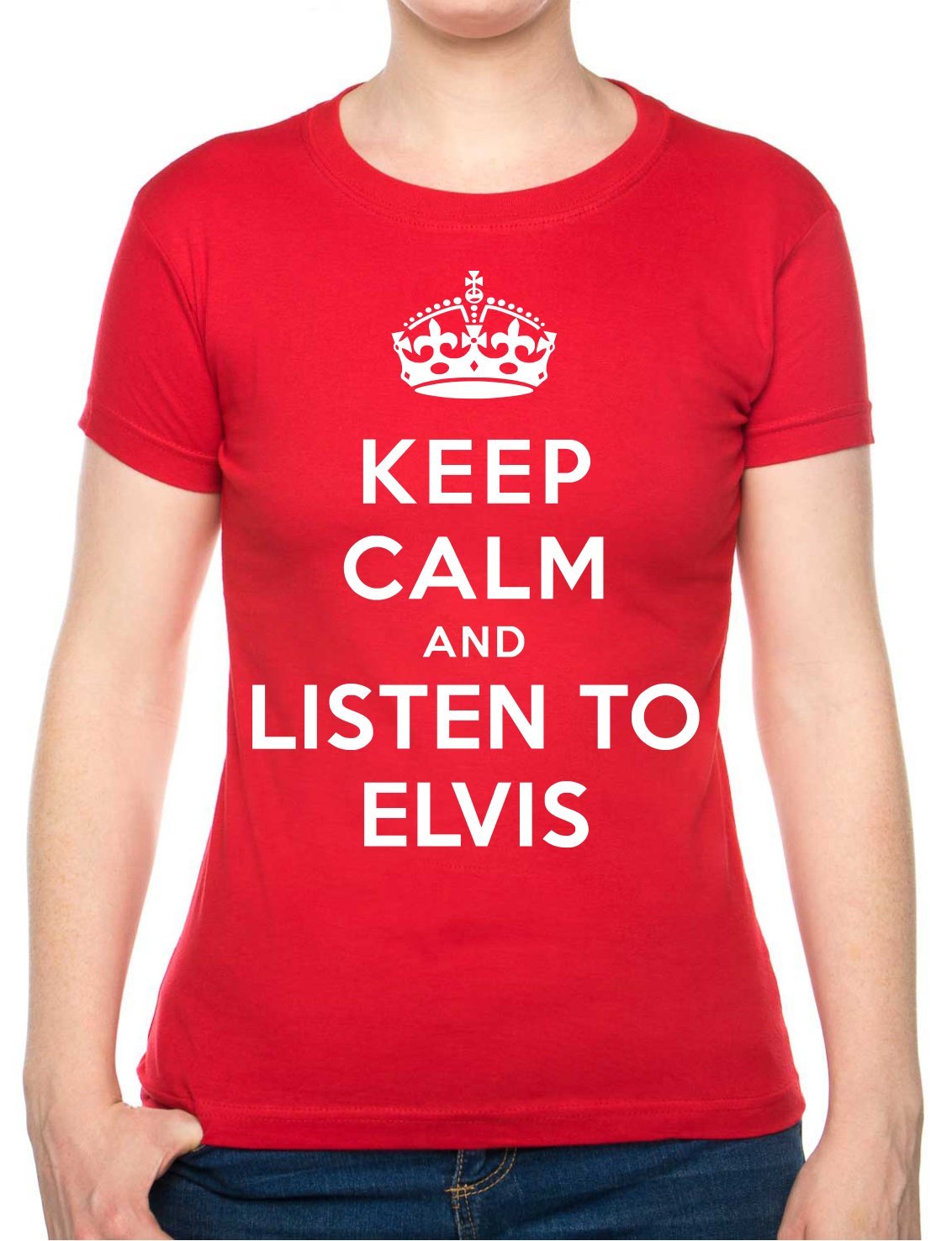 Print4u Women's Red Keep Calm Listen To Elvis Music Gift T-Shirt Fit Xxl