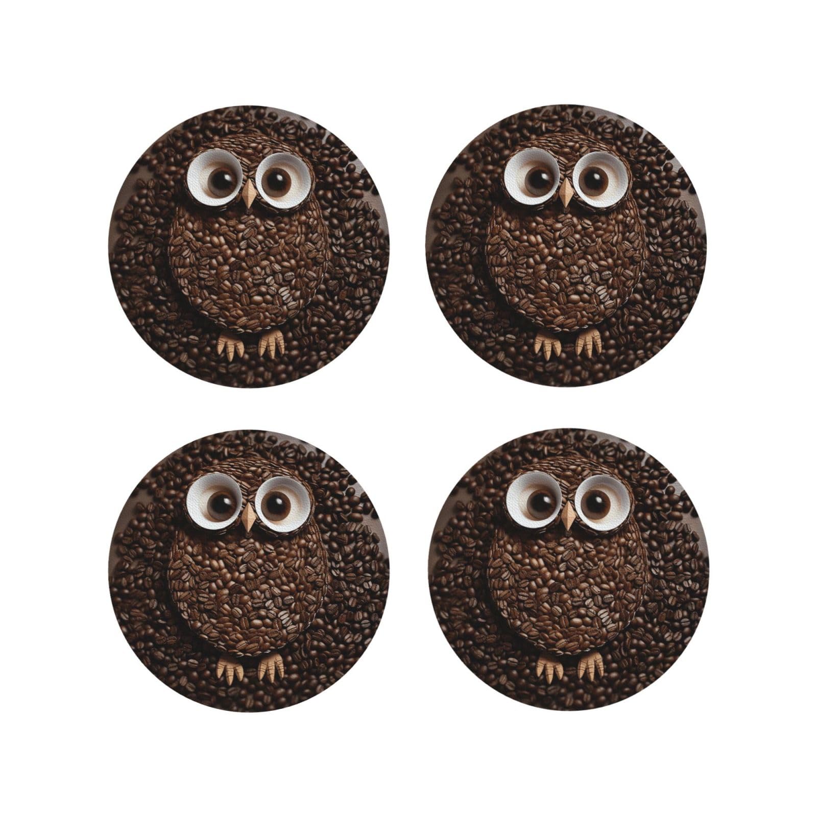 4Pcs PU Leather Coaster for Drinks, Coffee Bean owl Cup Coastersr 4" Cup Mat Pad, Aesthetic Drink Coasters for Coffee Table, Round Shape Coaster for Tabletop Protection
