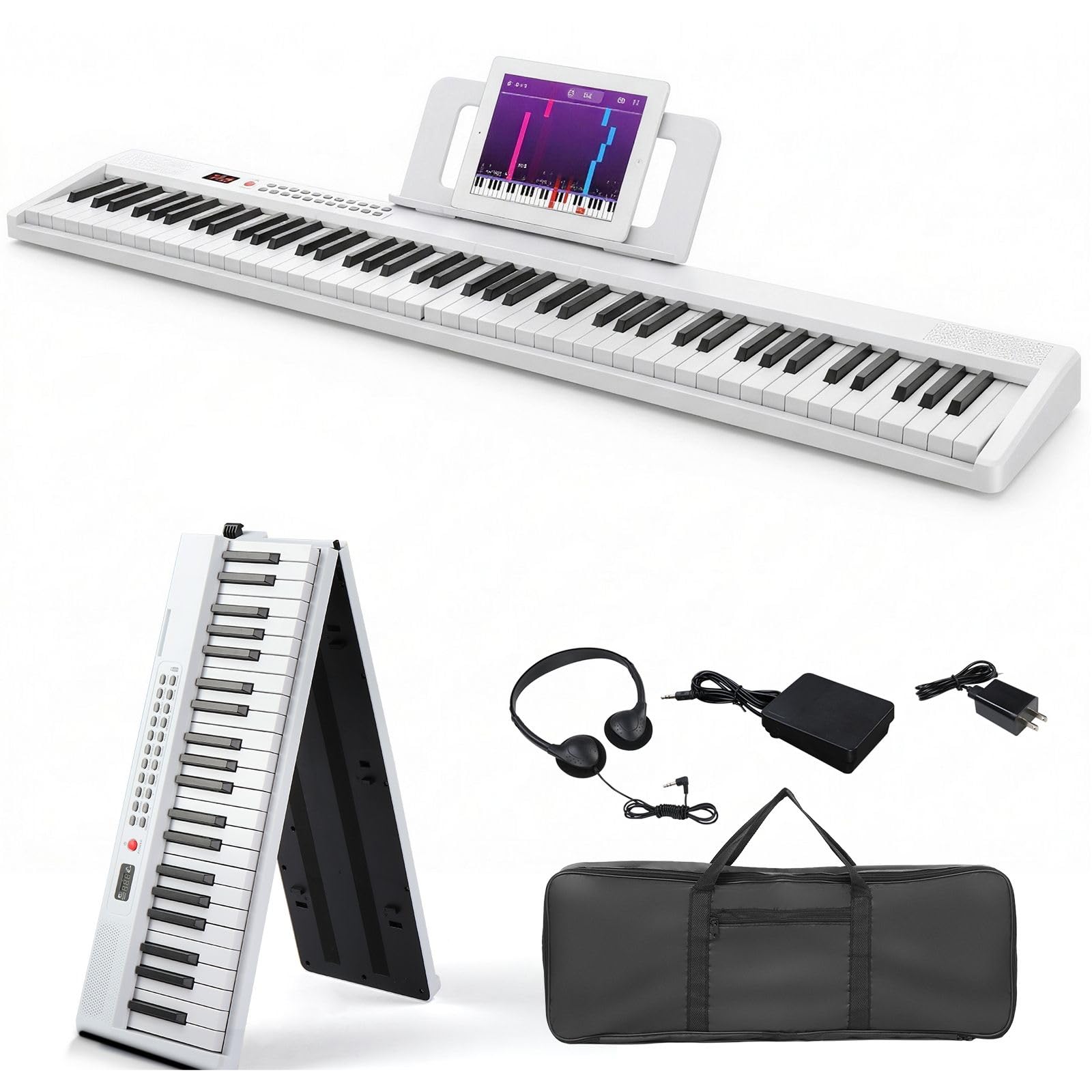 LEADZM Piano Numérique Pliable 88 Touches, Ensemble Piano Électrique Semi-Lesté, 2 Modes Bluetooth, 1000 Rythmes, 1000 Sonorités et 50 Démos pour Débutants (Blanc)