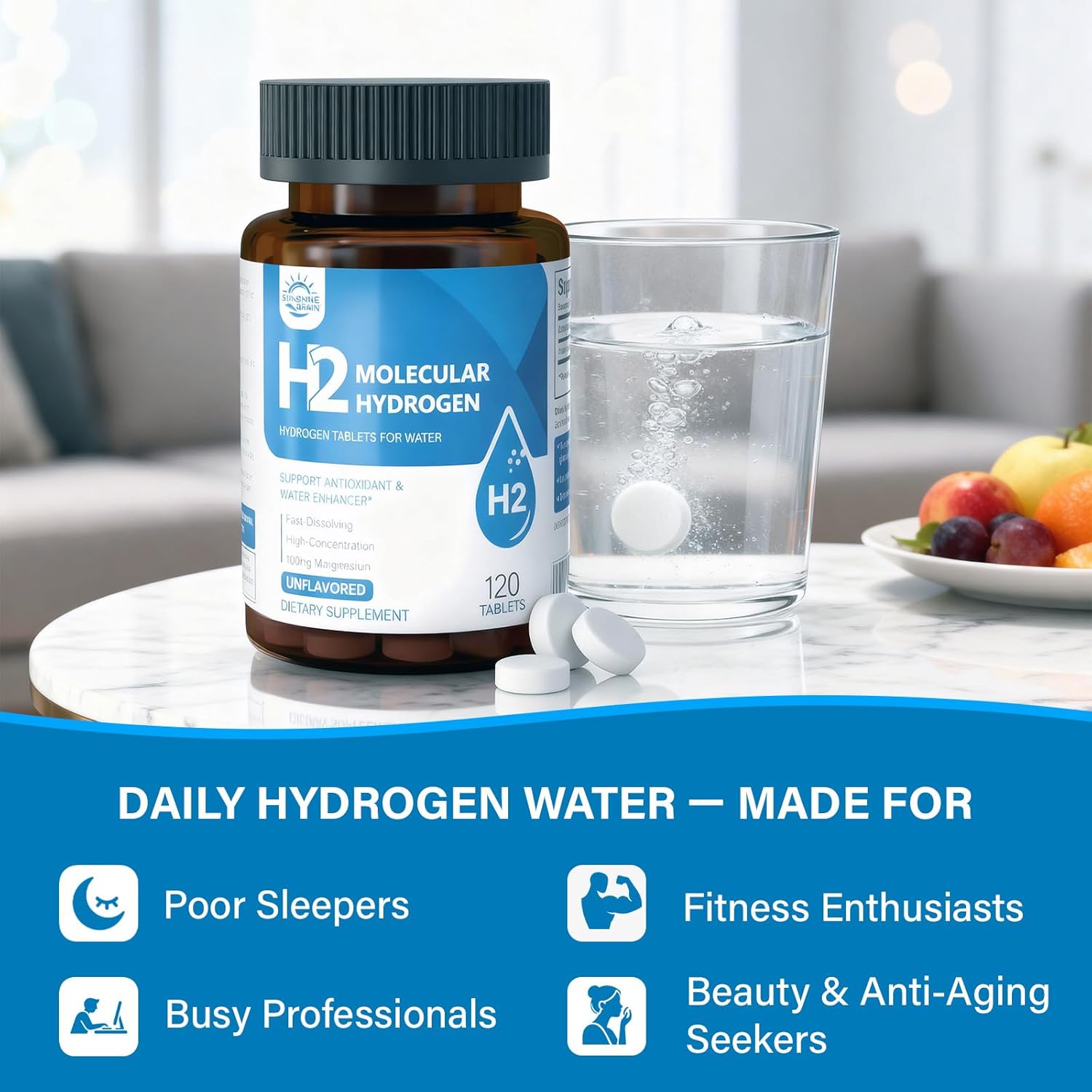 Molecular Hydrogen (H2) Tablets with Magnesium – 12 PPM Hydrogen Water Tablet for Drinking Water, Antioxidant-Rich, Supports Cellular Health, Recovery & Cognitive Function – Unflavored, 120 Tablets