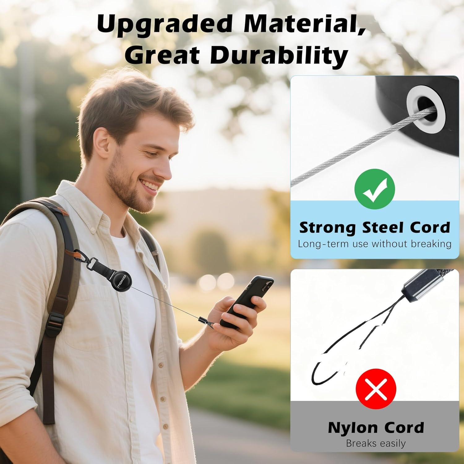 MoKo Anti-theft Phone Tether, Phone Lanyard & Keychain Retractable Steel Line Cellphone Strap with Locking Carabiner and Metal 360° Tether Tab for Outdoor Skiing Hiking Climbing Fishing, Black