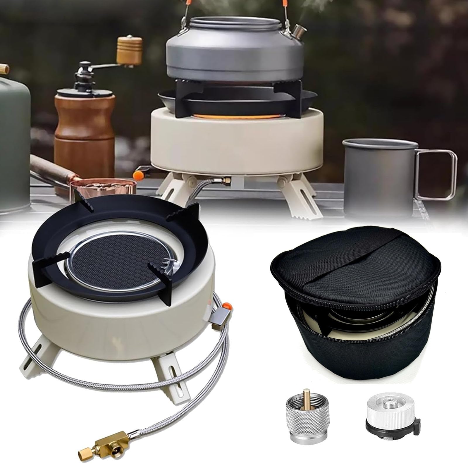 Fornello a Gas Infrarossi 4000W Con Accensione Piezoelettrica - Piano Cottura Portatile Antivento Con 2 Adattatori e Borsa Per Il Trasporto Per Campeggio Esterno