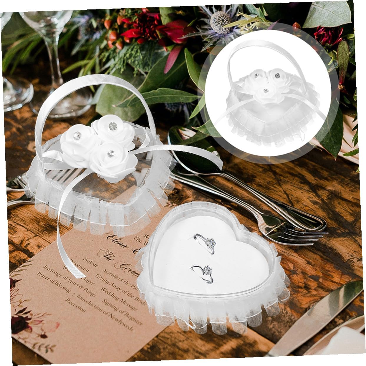 FUOYLOO Wedding Ring Pillow Set 2pcs Heart-Shaped Lace Flower Decoration with Rhinestones White Ring Bearer Cushion for Wedding Ceremony Party