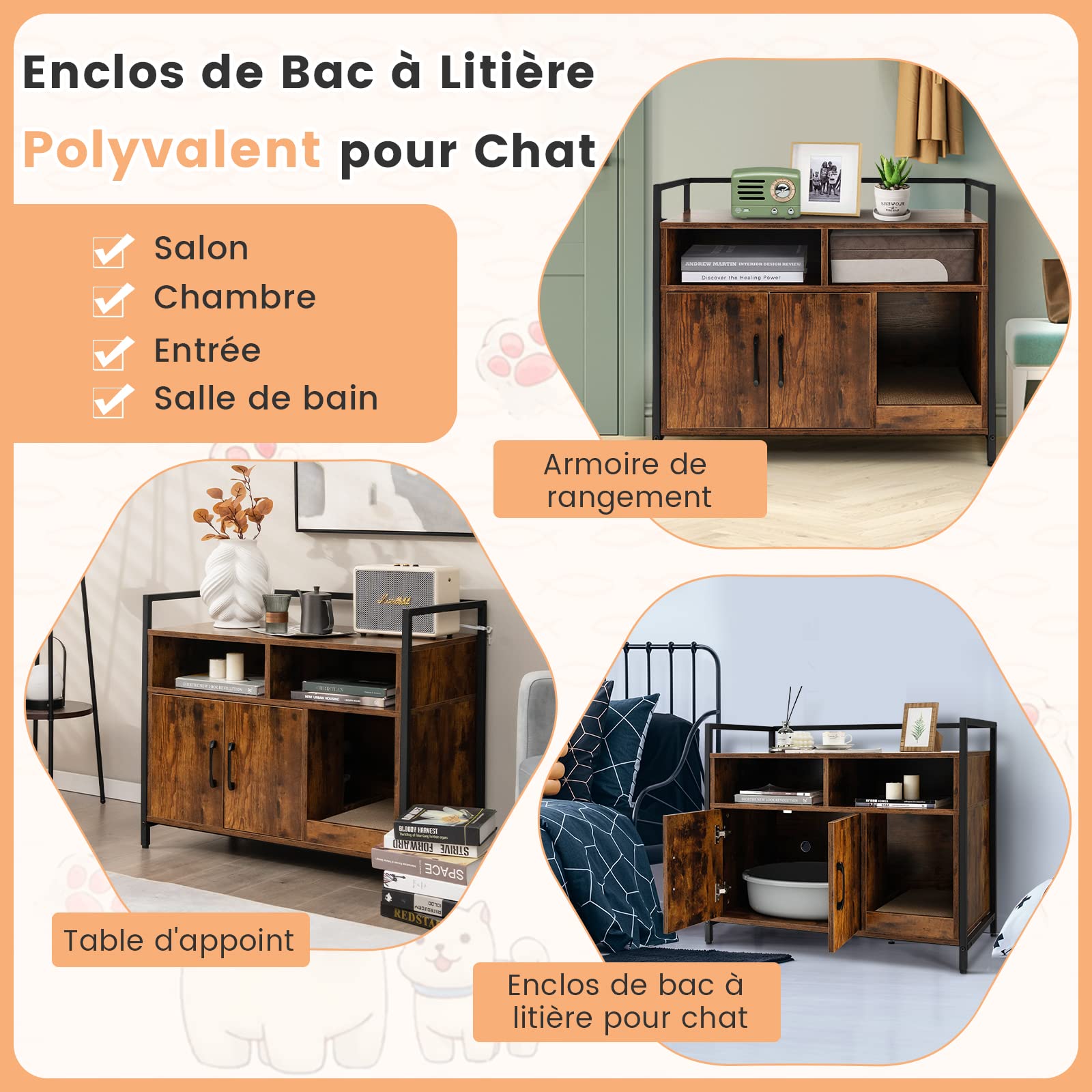 COSTWAY Meuble Litiere Chat en Bois, Meuble Cache Litiere Double Porte 2 en 1, Planche à Griffer Amovible, Cadre en Métal, 1 Passe-Câble, 2 Compartiments, Maison de Toilette Chat, Café