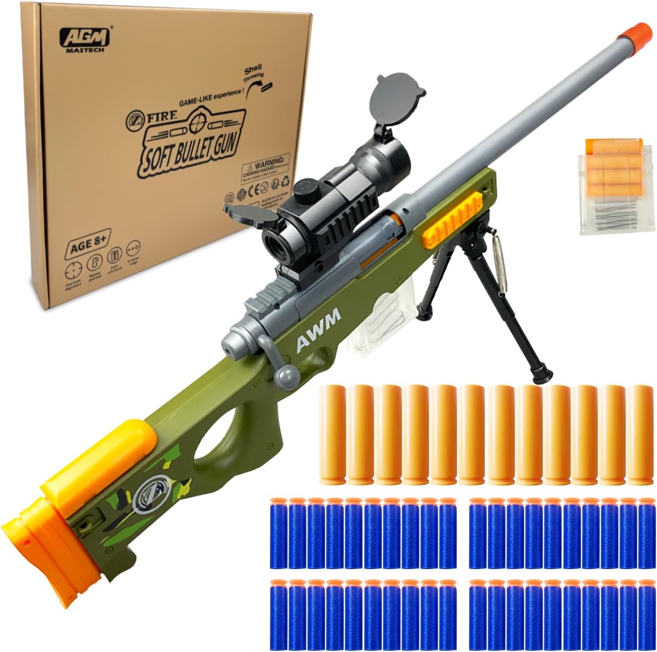 AGM MASTECH AWM Shell-Throwing Blaster Set, 40 Official Foam Darts, 12 Shells, 2 Magazines. Fun Playset for Boys Girl, Kids, and Adults (Green)