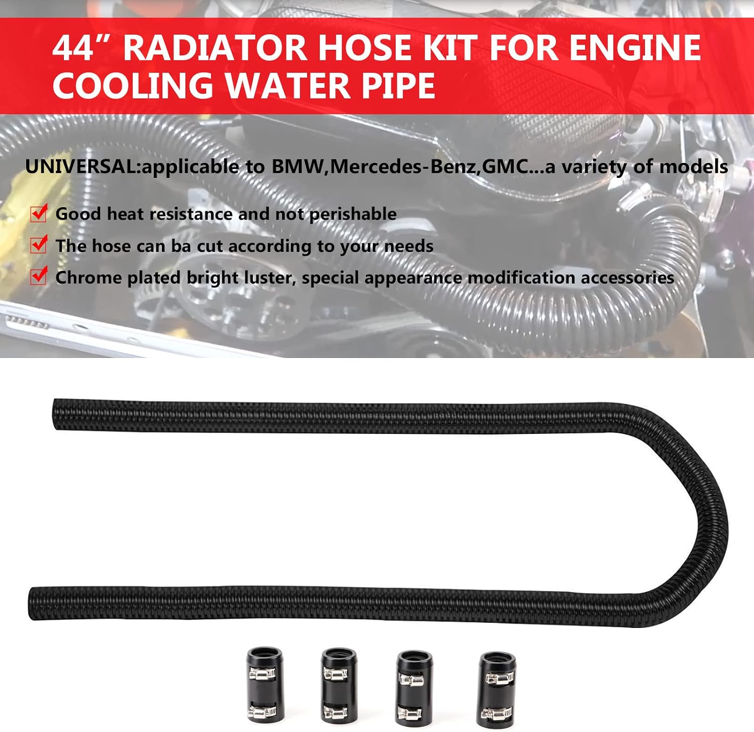 44" flexible heater hose kit stainless steel universal water hoses adapter fits 5/8" 3/4" necks, heater hose*2 (4 chrome caps,black) 44 inch black