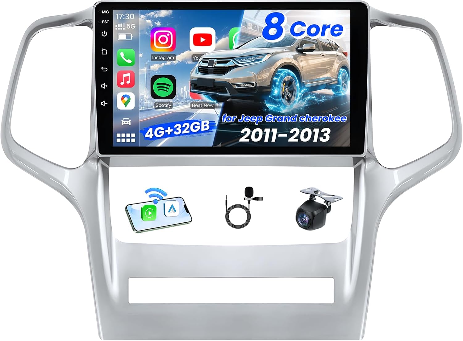 [8Core 4+32G] Car Radio for Jeep Grand Cherokee 2011 2012 2013: 9" 1280 * 800 LCD Touch Screen Stereo with Wireless Carplay Android Auto 5WiFi Bluetooth5.0 FM 32EQ GPS SWC Backup Camera