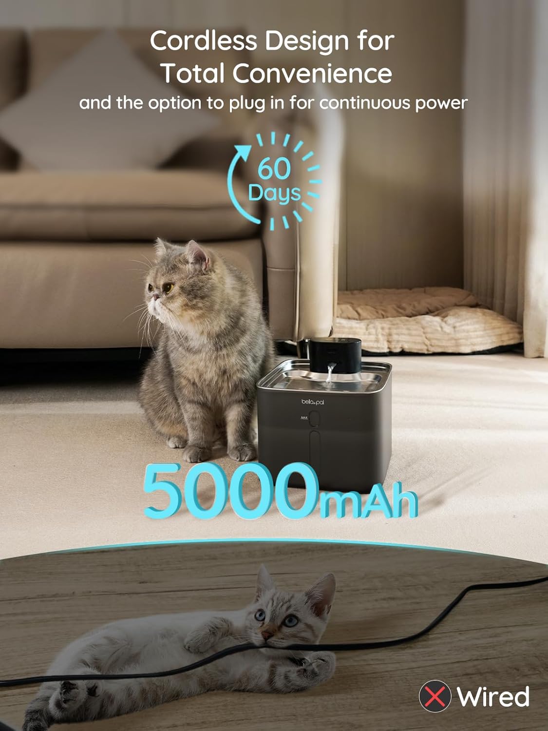 BELLA & PAL Wireless Cat Water Fountain: 4.2L/142oz Stainless Steel, 5000mAh Rechargeable Battery, Smart Motion Sensor, Quiet Integrated Pump, Easy to Clean, Mult-Pet Water Dispenser