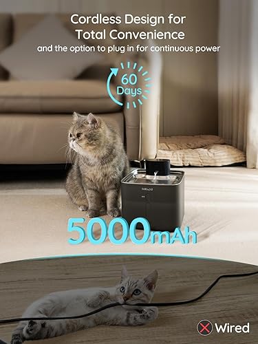 Miniatura 6 de BELLA & PAL Fuente de agua inalámbrica para gatos acero inoxidable de 4.2L142 oz, batería recargable de 5000 mAh, sensor de movimiento inteligente,