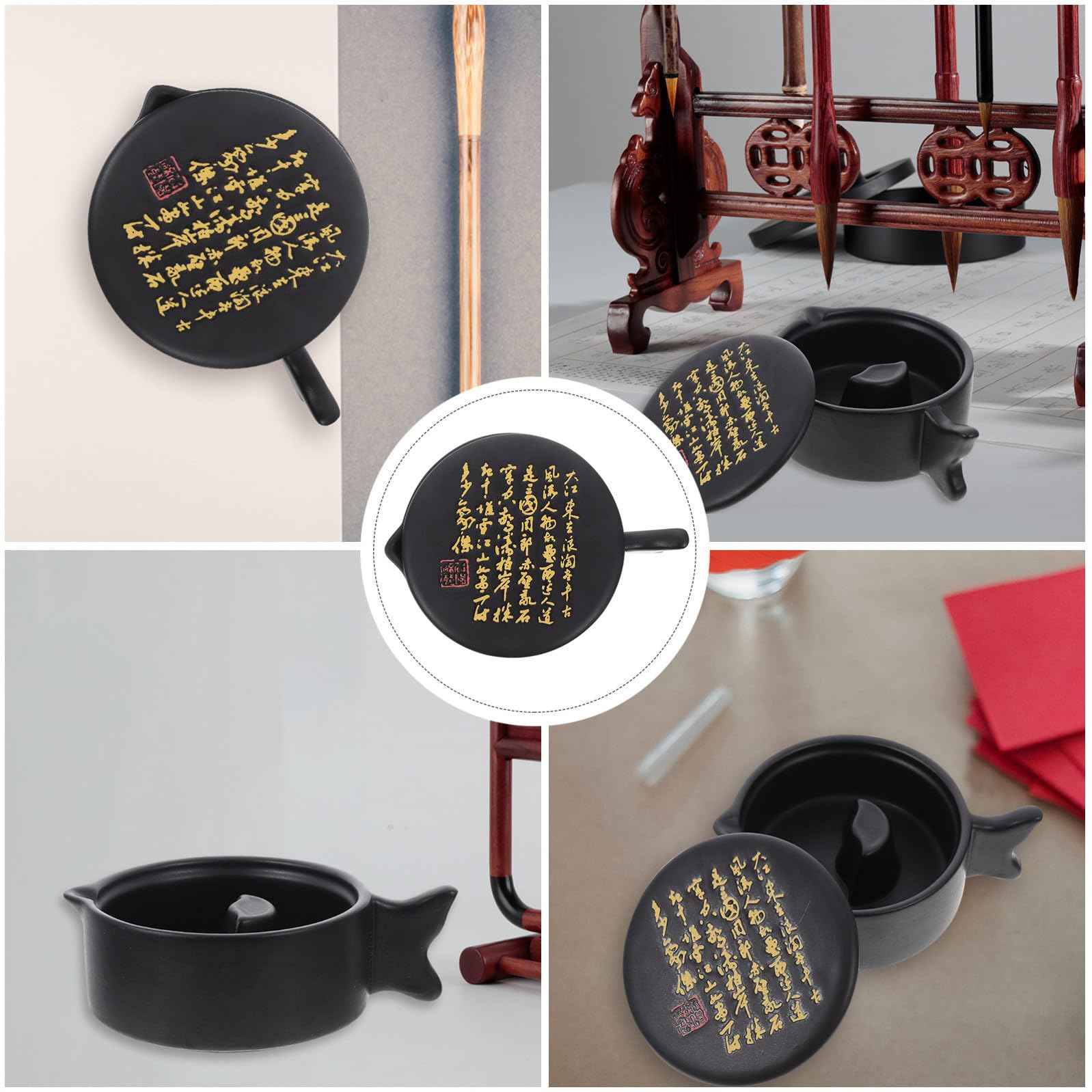 ABOOFAN Piatto Manico a Forma di Coda di Pesce per Inchiostro in Ceramica Nero Coperchio, Design Multifunzionale ed Elegante per Calligrafia e Pittura Tradizionale
