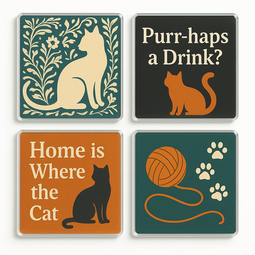 The Plum Penguin Catnip Mosaic Acrylic Coaster Gift Set Of 4 With Whimsical Cat Designs - Home Decor For Cat Lovers