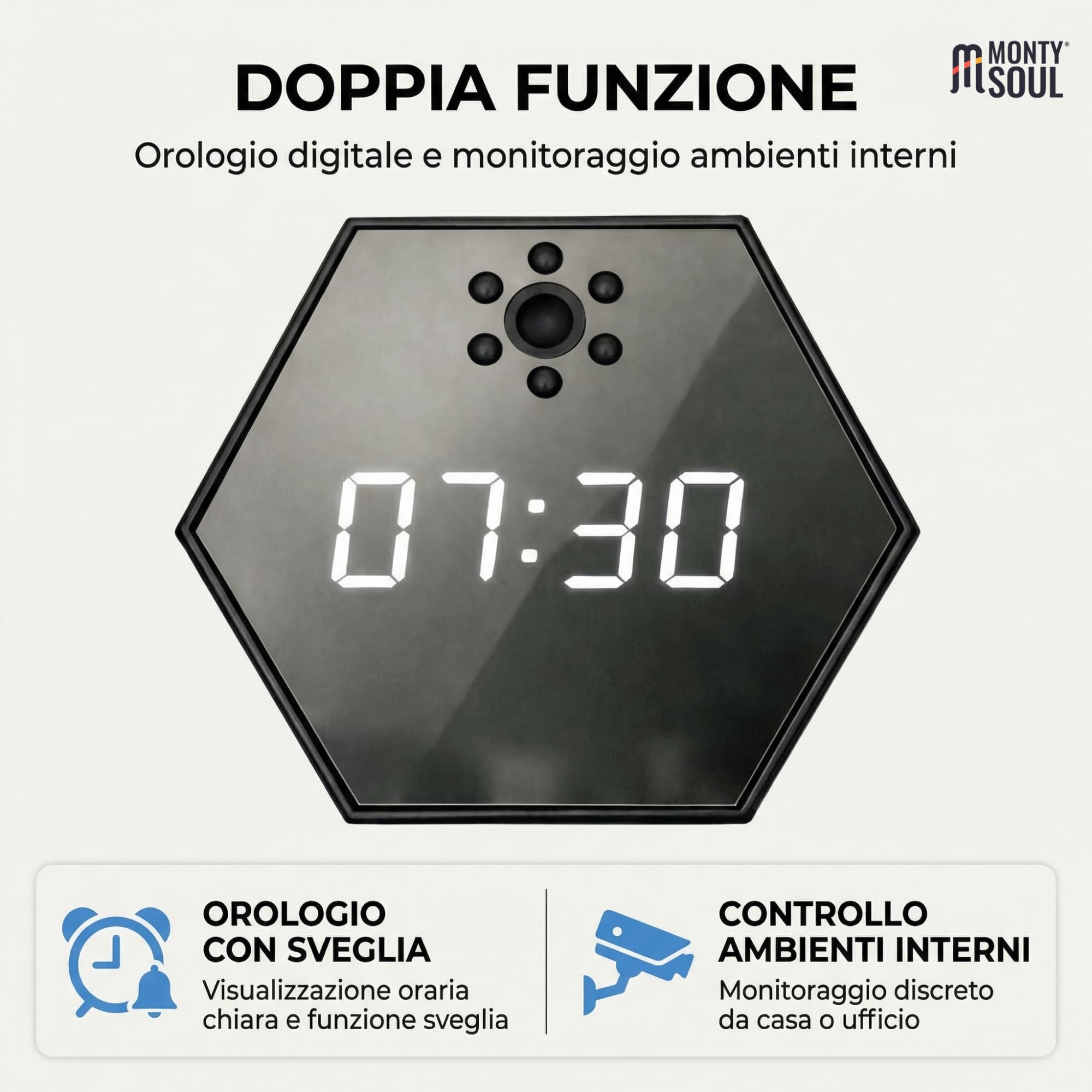 Orologio Sveglia Digitale con Telecamera Wi-Fi – Videosorveglianza Discreta per Casa e Ufficio – Controllo da App, Visione in Tempo Reale