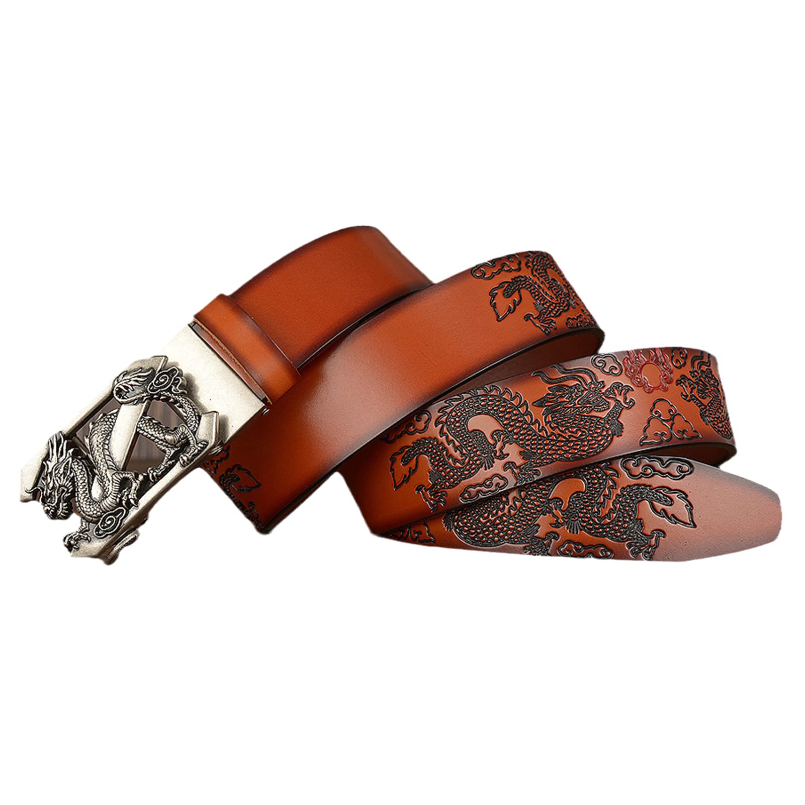 Cinturón De Trinquete Deslizante For Hombre, Correa Cuero Genuino, Hebilla Automática Ajustable Con Dragón 3D Plateado, Informal For Jeans 35 Mm