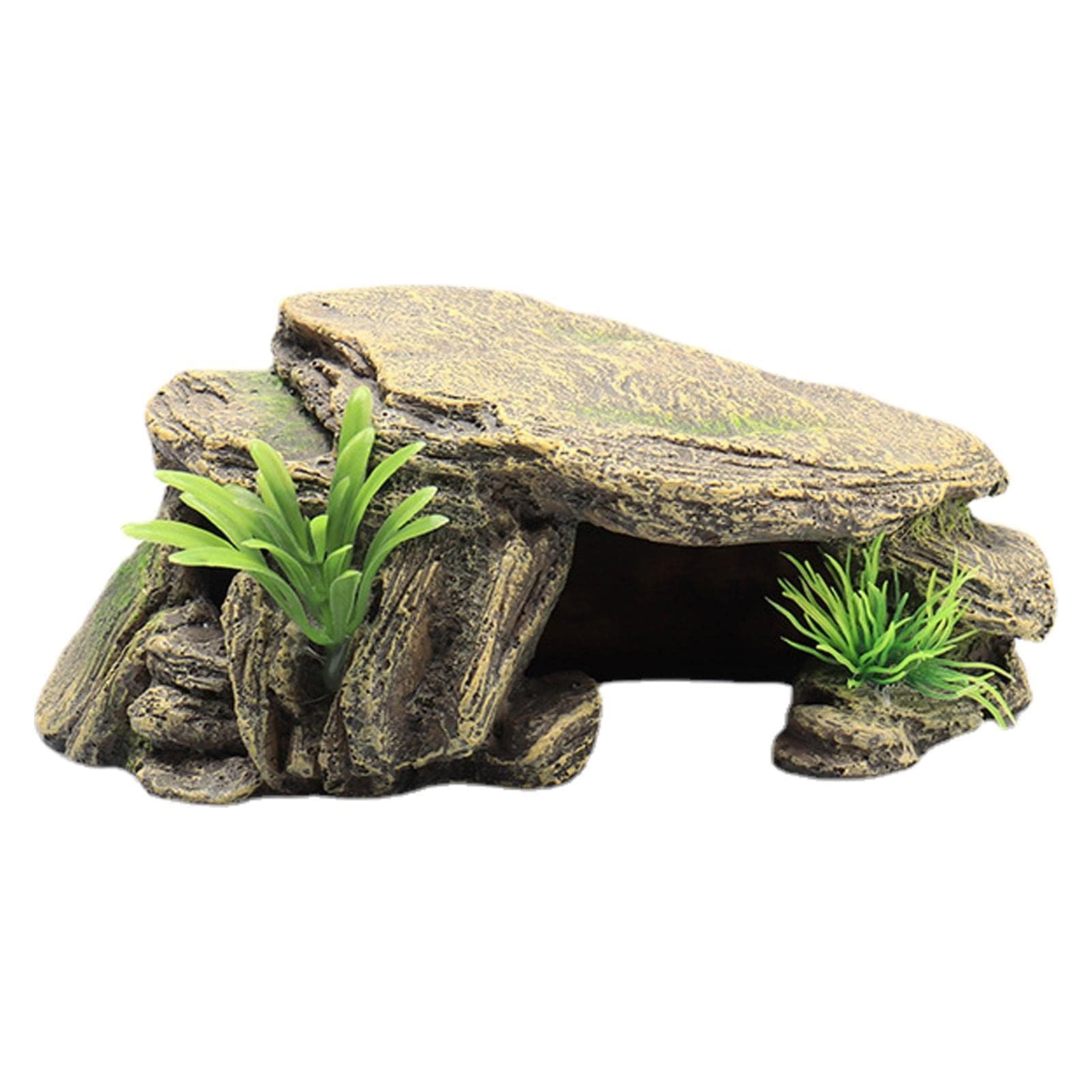 Reptile Hide Cave with Basking Platform, Resin Rock Hideout with Artificial Plants, Terrarium Aquarium Decoration for Turtle Lizard Gecko Small Reptiles, 9.5x16x6.5cm