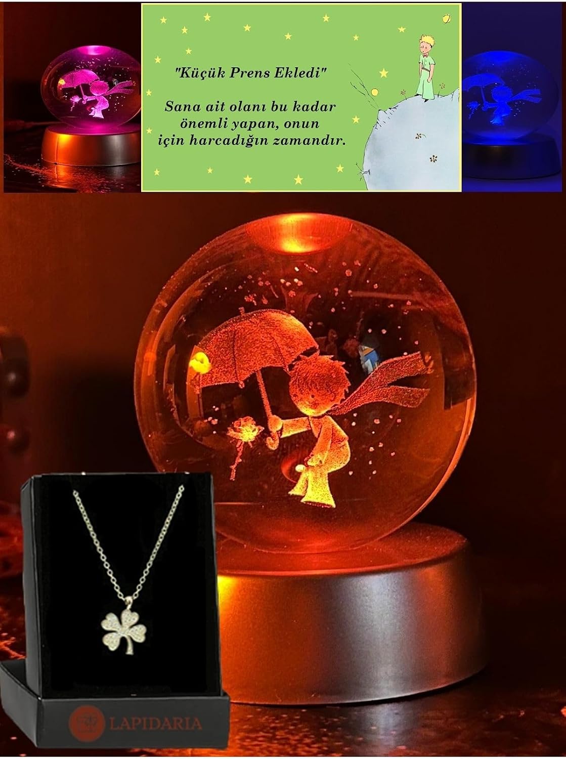 Lapidaria Renk Değiştiren Led Işıklı Küçük Prens Kristal Little Prince Lamba Kar Küresi Ve Yonca Kolye
