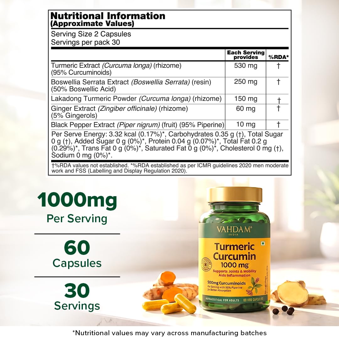VAHDAM Turmeric Curcumin for Joint Support | 60 Capsules | Piperine & 95% Curcuminoids | Anti Inflammatory Supplement — Amazon image 2