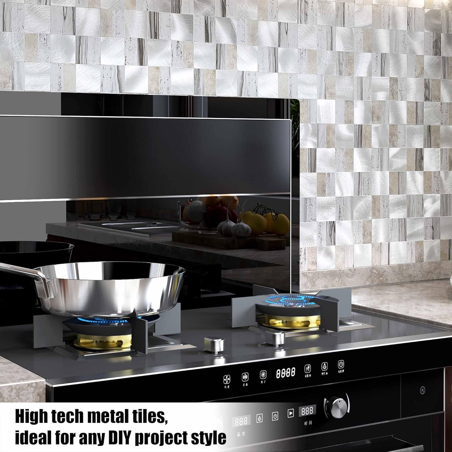 BeNice Peel and Stick Backsplash Metal Kitchen Self Adhesive Mosaic Wall Stickers Square Gray(Rustic Gray 10 Sheets)